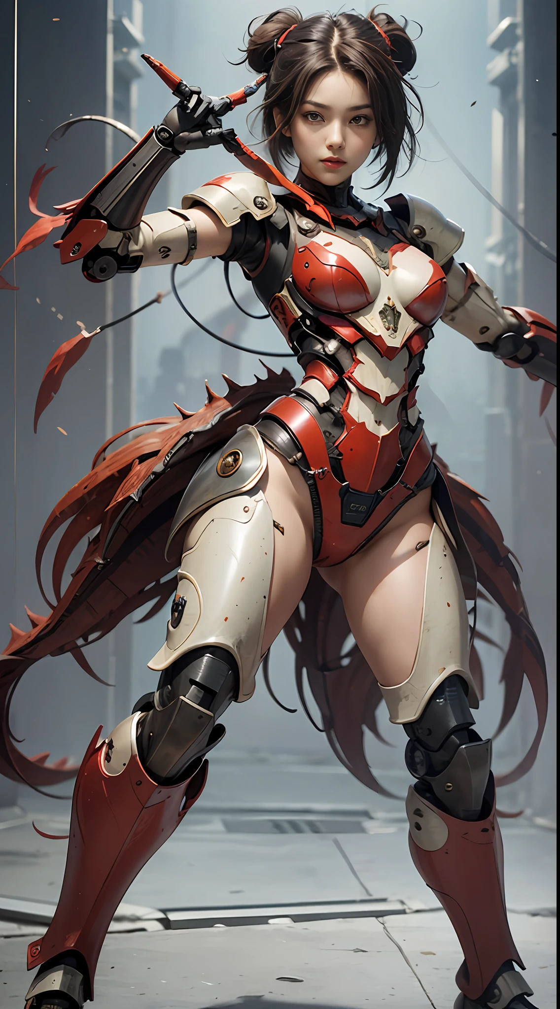 (tmasterpiece,),(best qualtiy),photorealestic,Realistis,ultra - detailed,s the perfect face,Perfect body,1 rapariga,beuaty girl,Girl in red full body armor,Dinosaur bone mechanical armor,exoskeleton,Fighting posture,dynamicposes,cool-pose,Full body photo,super wide shot