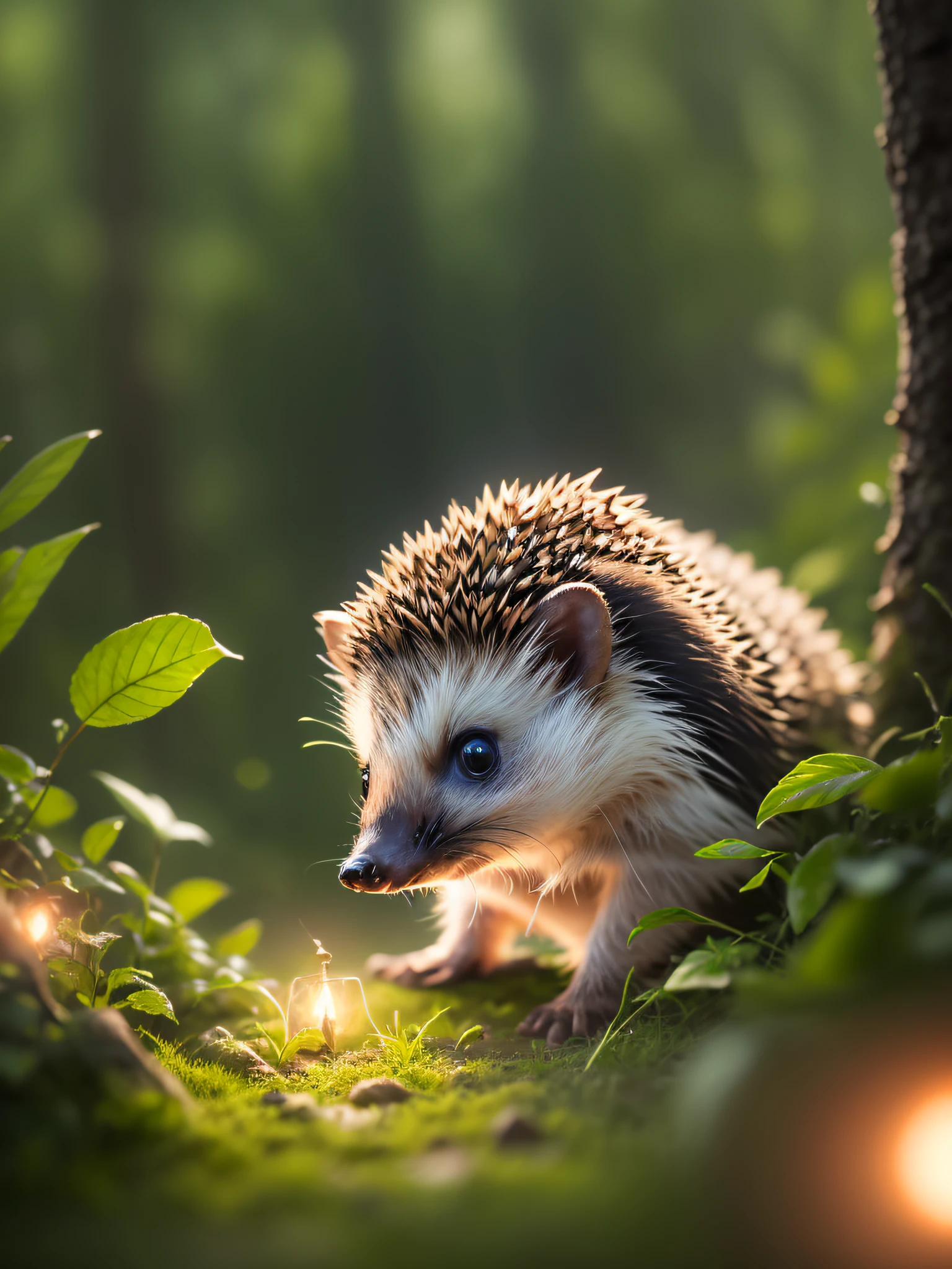 Close-up photo of hedgehog in enchanted forest, night, firefly, volumetric fog, halation, bloom, dramatic atmosphere, center, rule of thirds, 200mm 1.4F macro shot