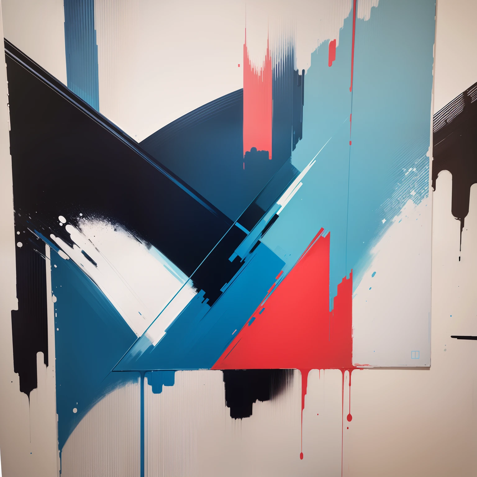 A triangle and place it in the middle of the picture,Abstract style,Mondrian style,The picture contains only blue and white,Blue and white,The proportions of the various colors are coordinated。OilPaintStyle。Extremely concise。Modern art。