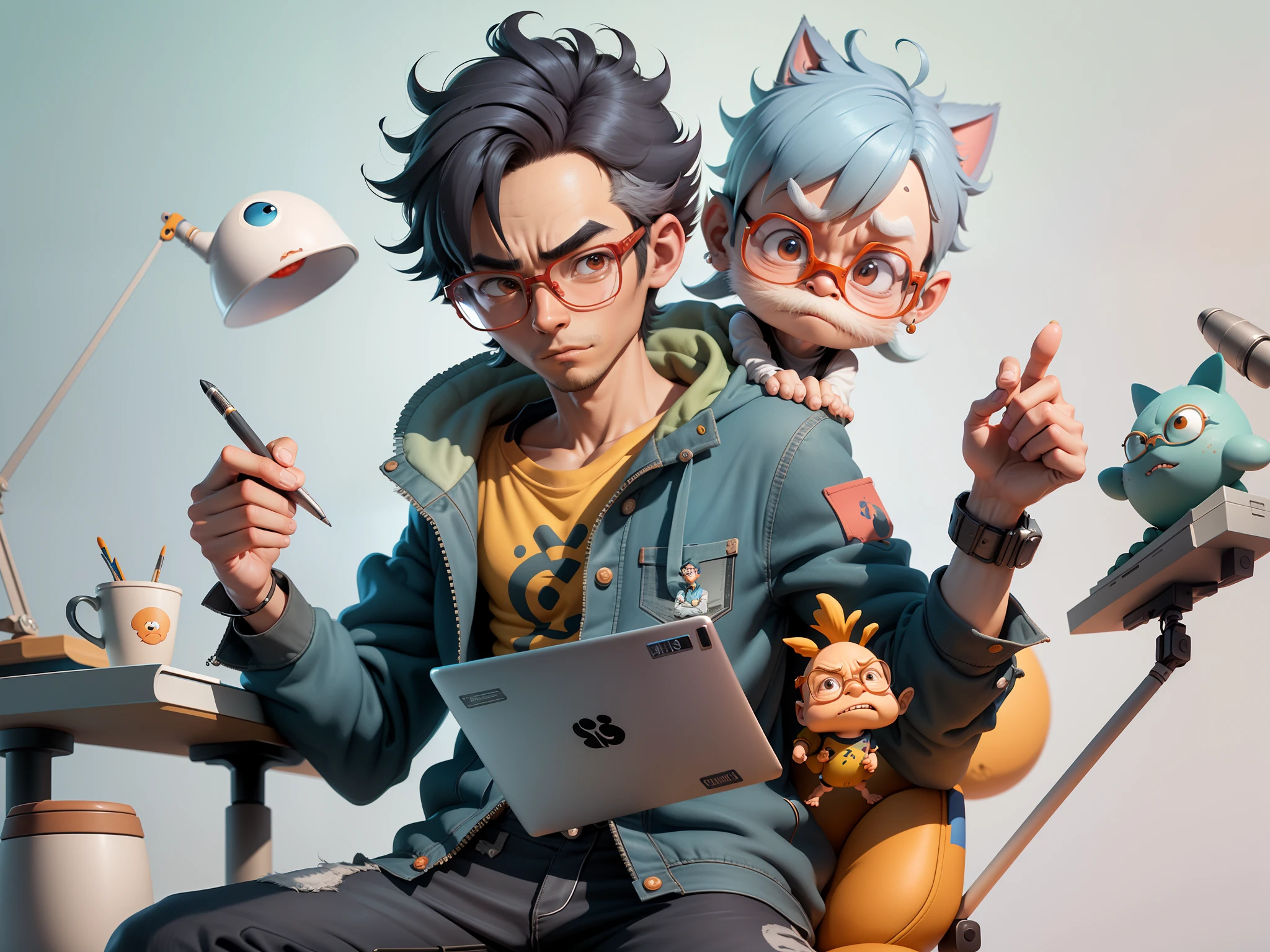 A young man with glasses sits at his desk，holding laptop，digitial painting，3D character design by Mark Clairen and Pixar and Hayao Miyazaki and Akira Toriyama，4K HD illustration，Very detailed facial features and cartoon-style visuals。