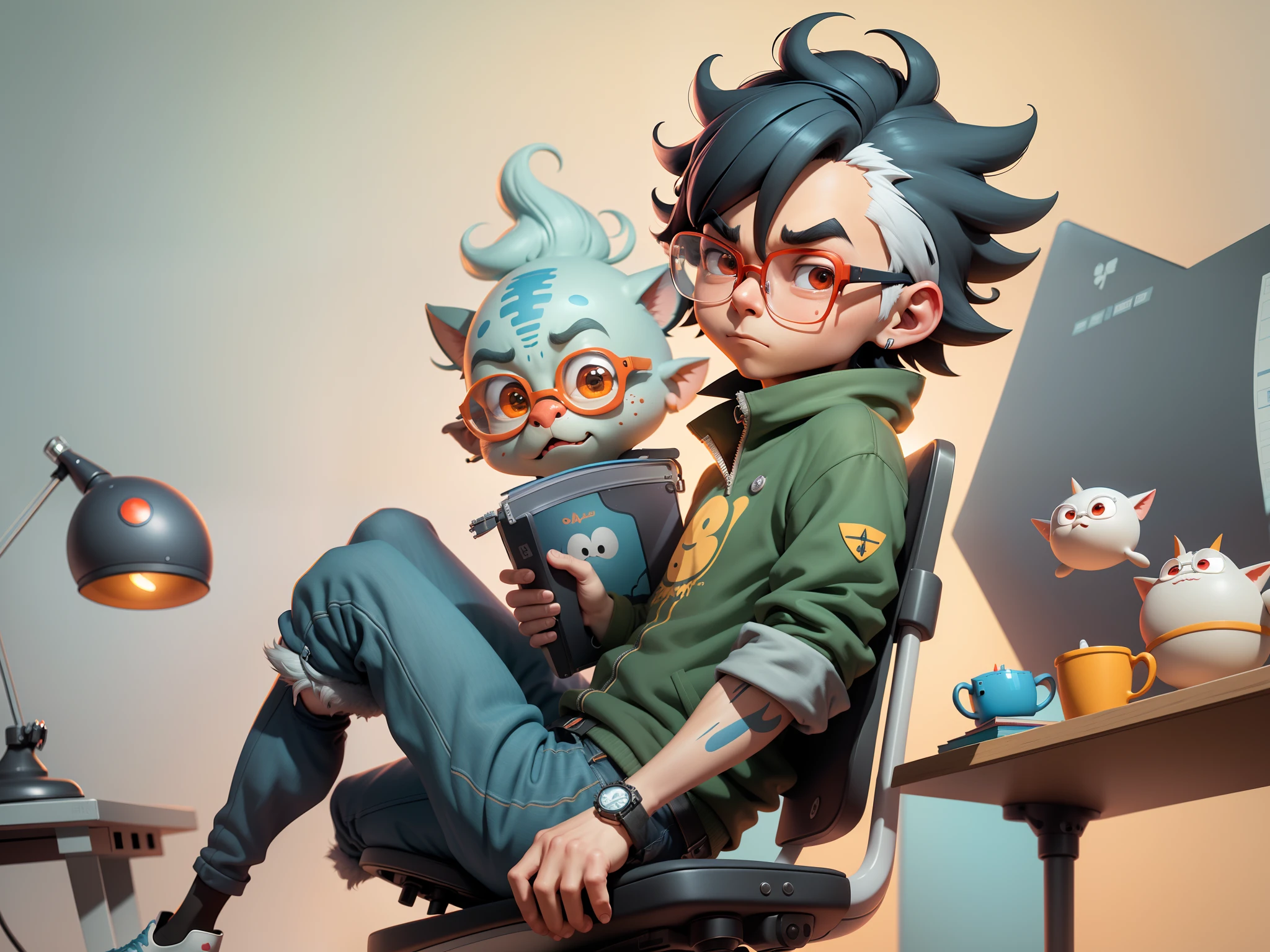 A young man with glasses sits at his desk,holding laptop,digitial painting,3D character design by Mark Clairen and Pixar and Hayao Miyazaki and Akira Toriyama,4K HD illustration,Very detailed facial features and cartoon-style visuals。