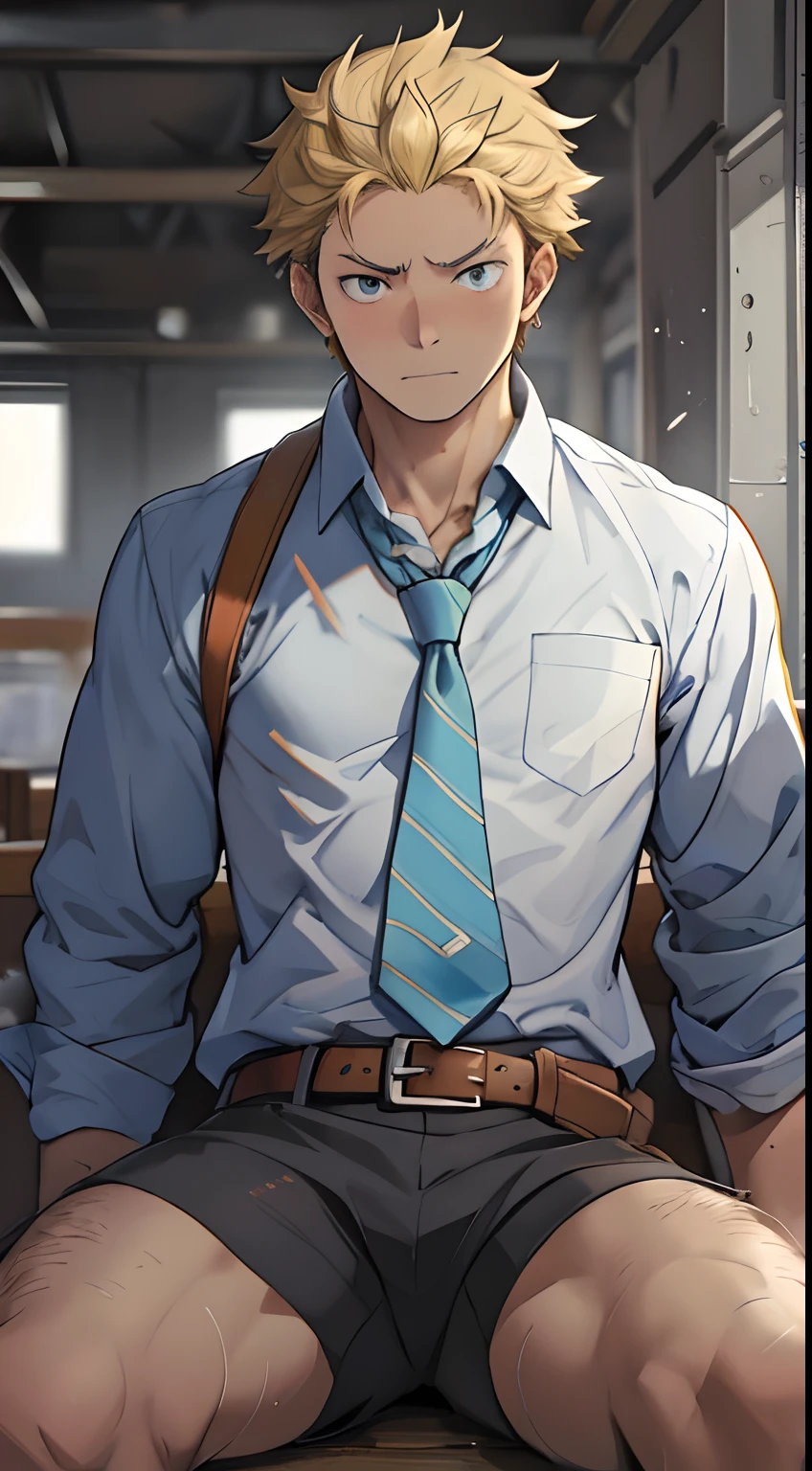 (1 Adult male),A high resolution, Sharp focus, Pixiv masterpiece, ((Complicated details)), highly detailed, natsuki_subaru, 1 man, Lazy,full bodyesbian,sit astride,Tired,decadent, blue color eyes(eyes glowing), Short yellow hair,white shirt,Wear a tie,Wear a belt,perspire,Drenched,Get wet,look from down