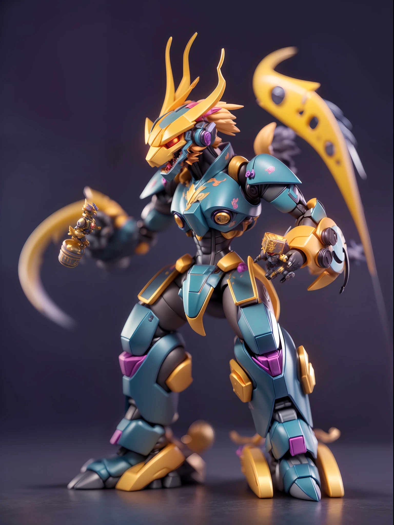 (Blind box toy style:1.3),((Full body shot))(anthropomorphism) , (1 strong Chinese dragon mecha warrior)(((solo))) metal mecha,dreamy glow, Clean dark background,Purple yellow style,(circular base)( Global illumination, Ray tracing, hdr, unreal render,reasonable design, high detail, Masterpiece, Best quality, hyper HD, Cinematic lighting)