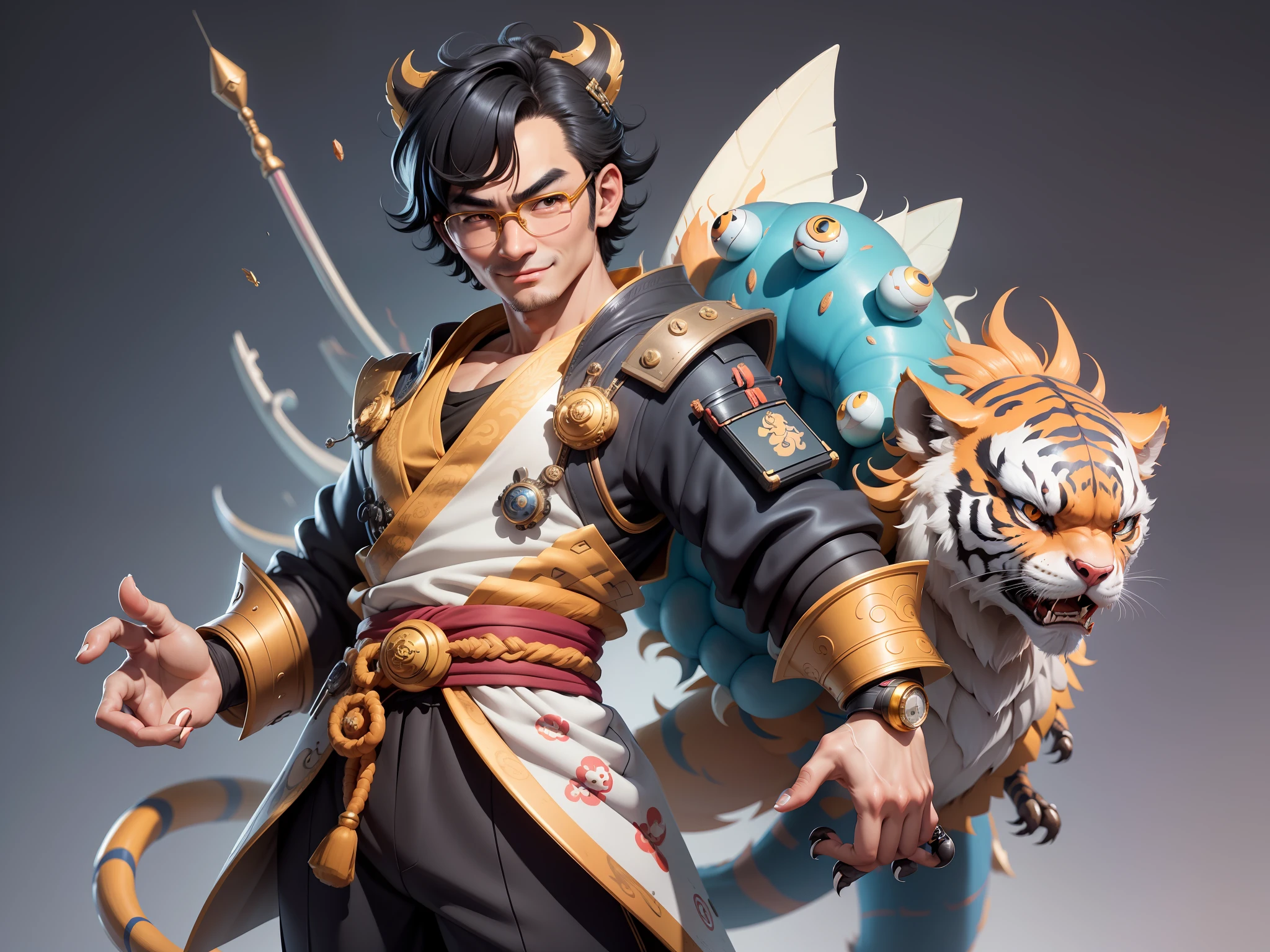 (Masterpiece), (Excellent), (Super Meticulous), (Full Body: 1.2), Super Young Man with Japanese Female Geisha, Pretty, Beautiful, Chinese Dragon, Tiger, Wind God Thor, Sexy, Bursting, Oriental Face, TV Anchor, Bust Portrait Illustration, Black Suit, Blue Tie, Slightly Chubby Face, Silver Glasses, Very Clean Face, No Beard on Chin, Black Super Short Hair, Black Eyes, Confident Smile, 3c Computer Sub-Products, iPad, iPhone, Digital Painting, 3D character design by Mark Clairedon and Pixar and Hayao Miyazaki and Akira Toriyama, the illustrations are HD illustrations in 4K resolution with highly detailed facial features and cartoon-style visuals.