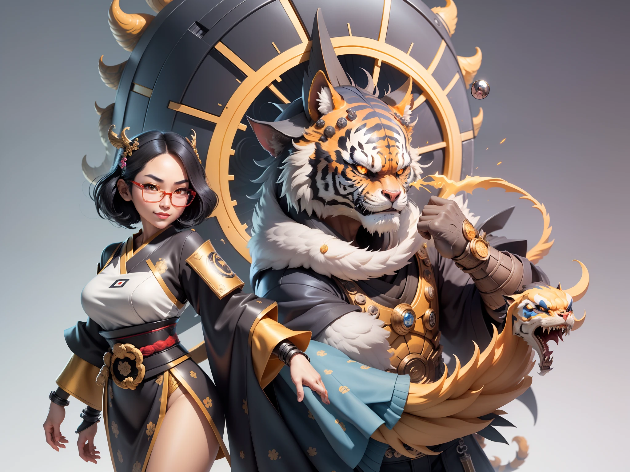 (Masterpiece), (Excellent), (Super Meticulous), (Full Body: 1.2), Super Young Man with Japanese Female Geisha, Pretty, Beautiful, Chinese Dragon, Tiger, Wind God Thor, Sexy, Bursting, Oriental Face, TV Anchor, Bust Portrait Illustration, Black Suit, Blue Tie, Slightly Chubby Face, Silver Glasses, Very Clean Face, No Beard on Chin, Black Super Short Hair, Black Eyes, Confident Smile, 3c Computer Sub-Products, iPad, iPhone, Digital Painting, 3D character design by Mark Clairedon and Pixar and Hayao Miyazaki and Akira Toriyama, the illustrations are HD illustrations in 4K resolution with highly detailed facial features and cartoon-style visuals.