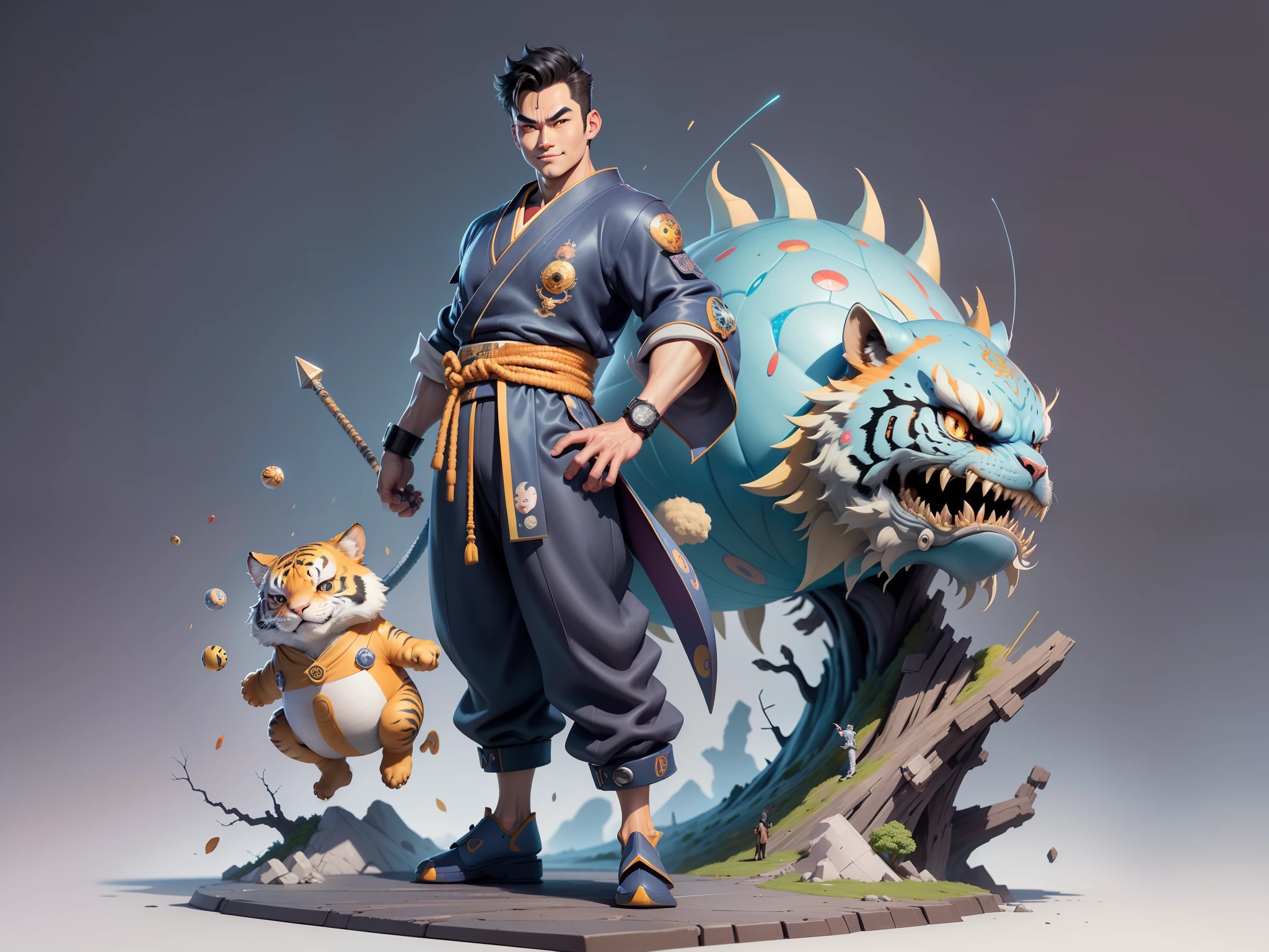 (Masterpiece), (Excellent), (Super Meticulous), (Full Body: 1.2), Super Young Man, Oriental Face, Japanese Kimono, Japanese Wind Thunder God, Dragon, Tiger, TV Anchor, Bust Portrait Illustration, Alone, Black Suit, Blue Tie, Slightly Chubby Face, Very Clean Face, No Beard, Black Super Short Hair, Black Eyes, Confident Smile, 3c Computer Sub-Products, iPad, iPhone, Digital Painting, 3D Character Design by Akira Toriyama and Mark Claireden and Pixar and Hayao Miyazaki, The illustration is a high-definition illustration in 4K resolution with very detailed facial features and cartoon-style visuals.