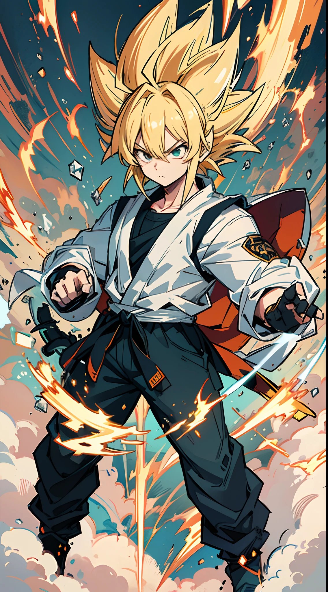 Masterwork, 1 man, son Goku, super Saiyan, blonde hair, Battle damage, aura dorada, intimidating and cold expression, intimidating posture