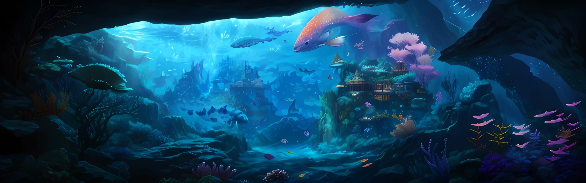 There is a painting， an underwater city, an underwater city, amazing depth, Underwater market, masterpieceunderwater scene, background artwork, undersea environment, underwater environment, Undersea temple, Amazing wallpapers, underwater scenery, incredible depth, ocean floor, atlantis background, lost city of atlantis, detailed fantasy digital art，There is a cave painting，There are waterfalls and fish, Undersea temple, underwater temple, masterpieceunderwater scene, underwater environment, undersea environment, underwater shrine, underwater crystal caverns, Underwater Chinese temple with fish, a portal to the depths, ocean floor, background artwork, underwater scenery, deep sea landscape, an underwater alien ocean, amazing depth，whales，The corals，sea weed，sea shell
