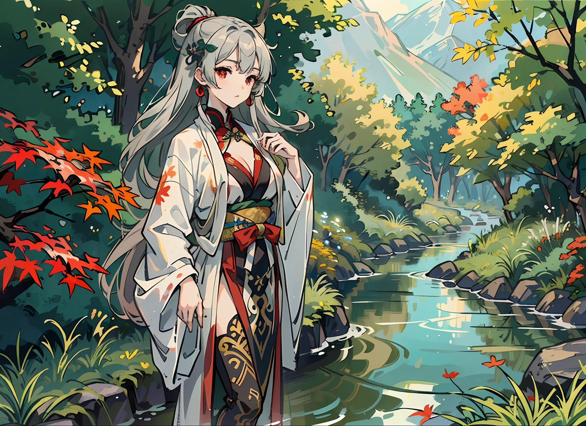 "(anime big breast，tmasterpiece，Gray hair and long hair:1.2，wearing a Taoist robe，A light wind，the trees，small stream，mountain path，Maplewood，Maple leaves，red - eyed)"