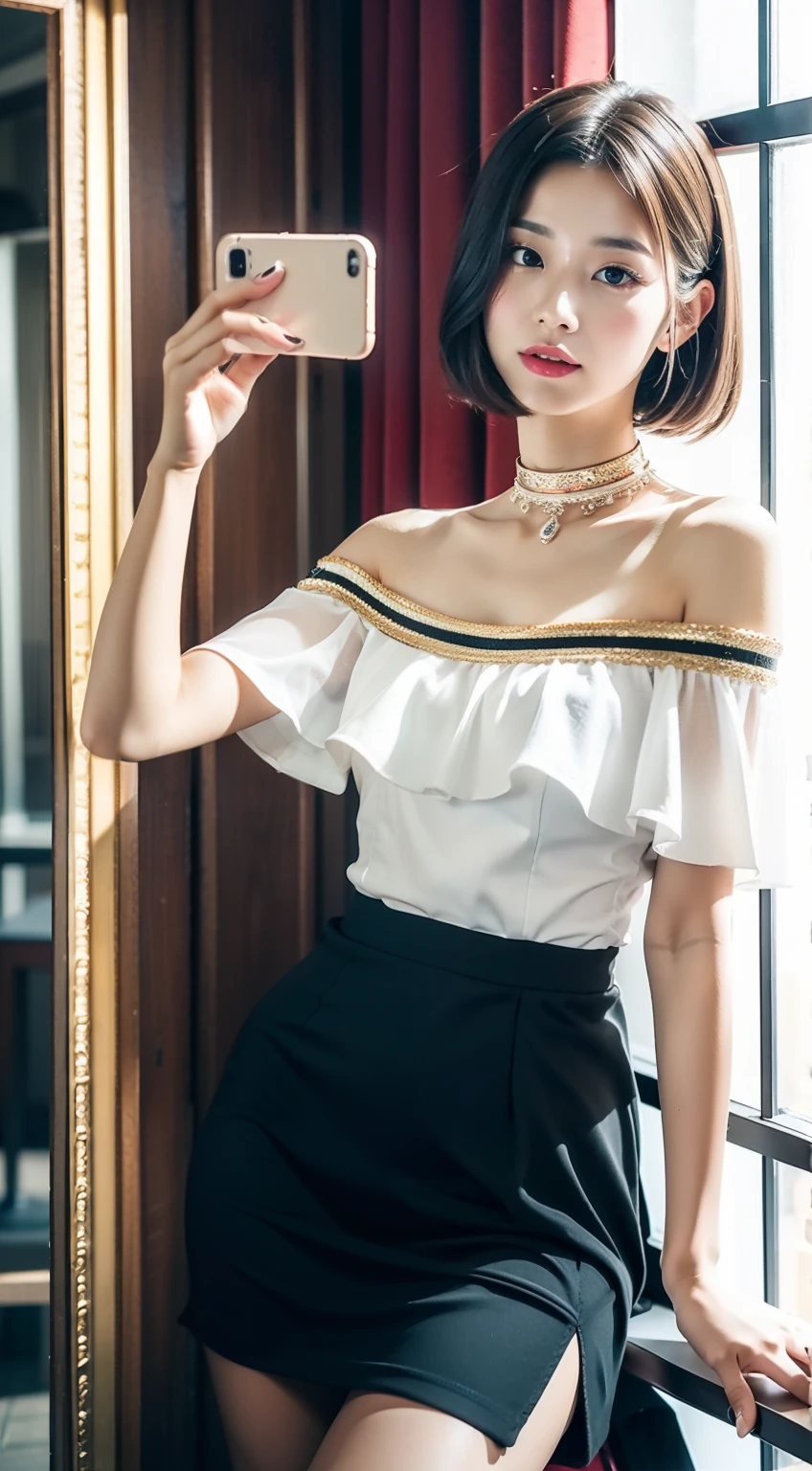 （8K分辨率，Mirror selfie photos，photorealestic），（1 female，20yr old，（Sakai Izumi's facial features：1.4，Face with thin bones，s delicate face），com rosto detalhado，（Delicate light makeup），Beautiful face，com rosto detalhado，详细的脸，Ultra-fine makeup，Black colored eyes，（Look into the camera），short detailed hair，（Messy has layers），Redlip，Fair smooth skin，（Best Skin Type：1.21），（Off-the-shoulder T-shirt，Short skirts for students，（materpiece：terylene，Lycra cotton，elasticity），（（Gorgeous phone case，rhinestones，The shape is prominent）），Hats，choker necklace，high-heels），Tall and tall，perfect hand，Perfect for selfies，Ultra-fine clothing material），（浴室，Exquisite bedroom details，（Floor-to-ceiling mirrors，vanity table）），（narcissistic，rejoice），（Light assist，profesional lighting），（Cute and lively，（vibrant with colors，（purpleish color，blue colors，in pink））），（Golden section，Cinema lenses，Hasselblad photograp，tmasterpiece：1.3），（adolable，Raised sexy，Take a selfie at home，Artis，Live streaming platform）