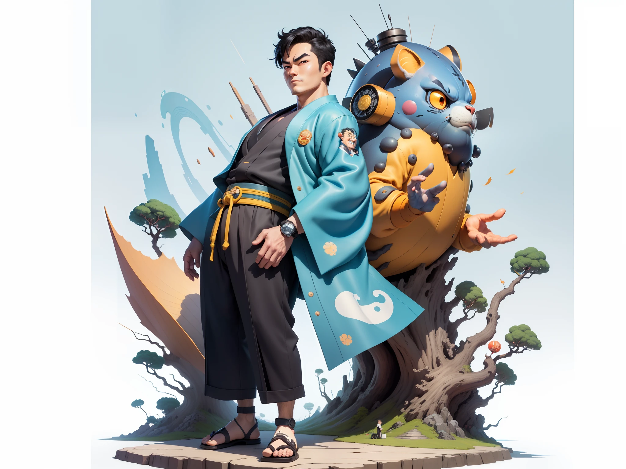 (Masterpiece), (Excellent), (Super Meticulous), (Full Body: 1.2), Super Young Man, Oriental Face, Japanese Kimono, Japanese Wind Thunder God, Dragon, Tiger, TV Anchor, Bust Portrait Illustration, Alone, Black Suit, Blue Tie, Slightly Chubby Face, Very Clean Face, No Beard, Black Super Short Hair, Black Eyes, Confident Smile, 3c Computer Sub-Products, iPad, iPhone, Digital Painting, 3D Character Design by Akira Toriyama and Mark Claireden and Pixar and Hayao Miyazaki, The illustration is a high-definition illustration in 4K resolution with very detailed facial features and cartoon-style visuals.