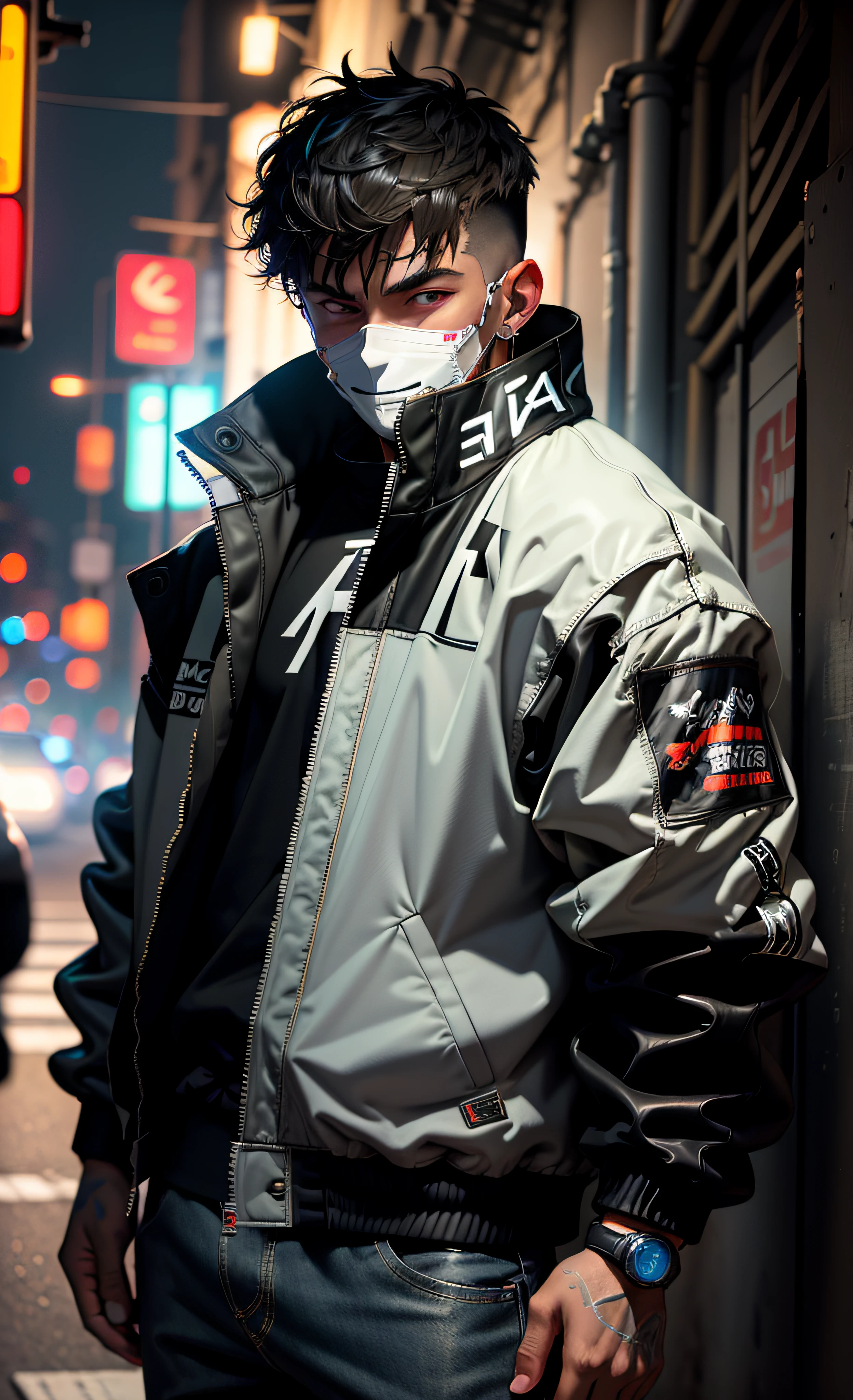 masterpiece, best quality, illustration, 1boy, underground street racing, oversized racing jacket, racing gloves, oversized clothes, car night, glow, glowing, close-up, smug, (smile:0.7), (from above:0.7)