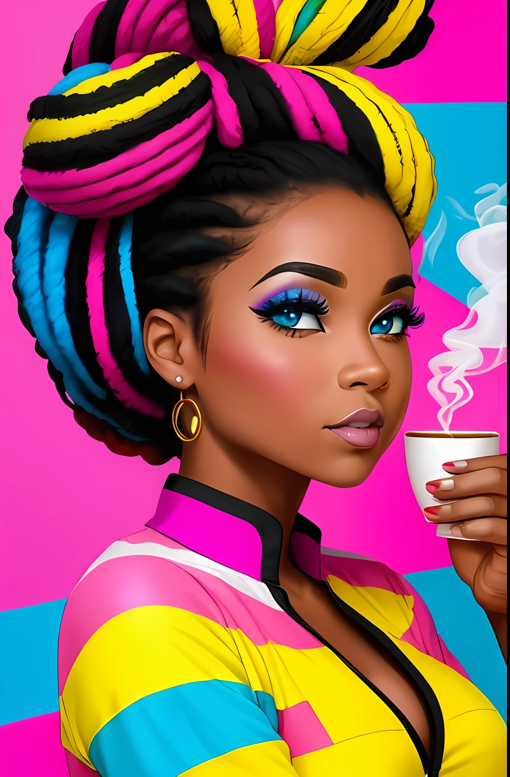 (A BEAUTIFUL ORIGINAL HAPPY BLACK WOMAN WITH A NICE CUP OF COFFEE COMING OUT SMOKE IN HER HAND, Beautiful cup ,Coloridas ,pink and blue and yellow WRITTEN WE COOFFE IN THE CUP ),  Eduardo Kobra ,Romero Brito,The Filling Twins ,multidimensional geometric wall PORTRAIT, arte, Chibi,
Yang08k, lindo, Colouring,
Primary works, qualidade superior, melhor qualidade, Arte Oficial, Beautiful and Aesthetic, 128 mil