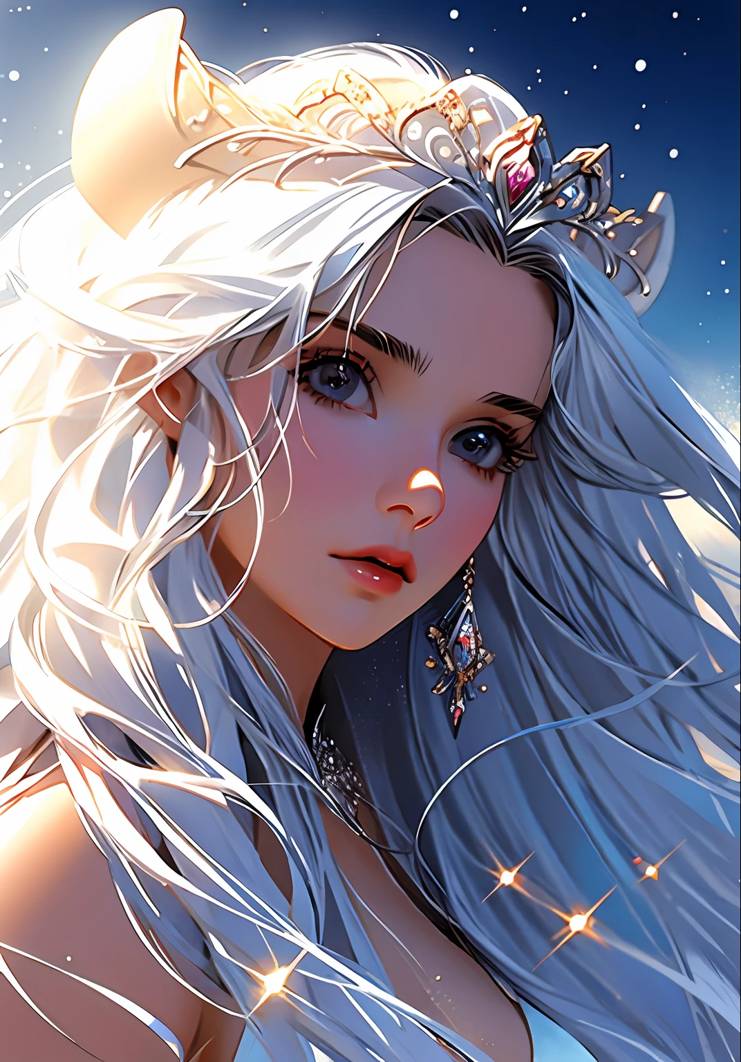 (cowboy shot:1.5), masterpiece, best quality, sharp focus, digital painting, extremely detailed, highly detailed, intricate details, style-swirlmagic, full moon, a beautiful white haired celestial goddess, (absurdly long hair, white windswept hair:1.3), divine ethereal beauty, wearing a (crystal crown:1.2), (glitter:1.2), extremely detailed iris, beautiful eyes, fantasy style, elegant pose, perfect hands, artstation, illustration by artgerm, wlop, rob hefferan