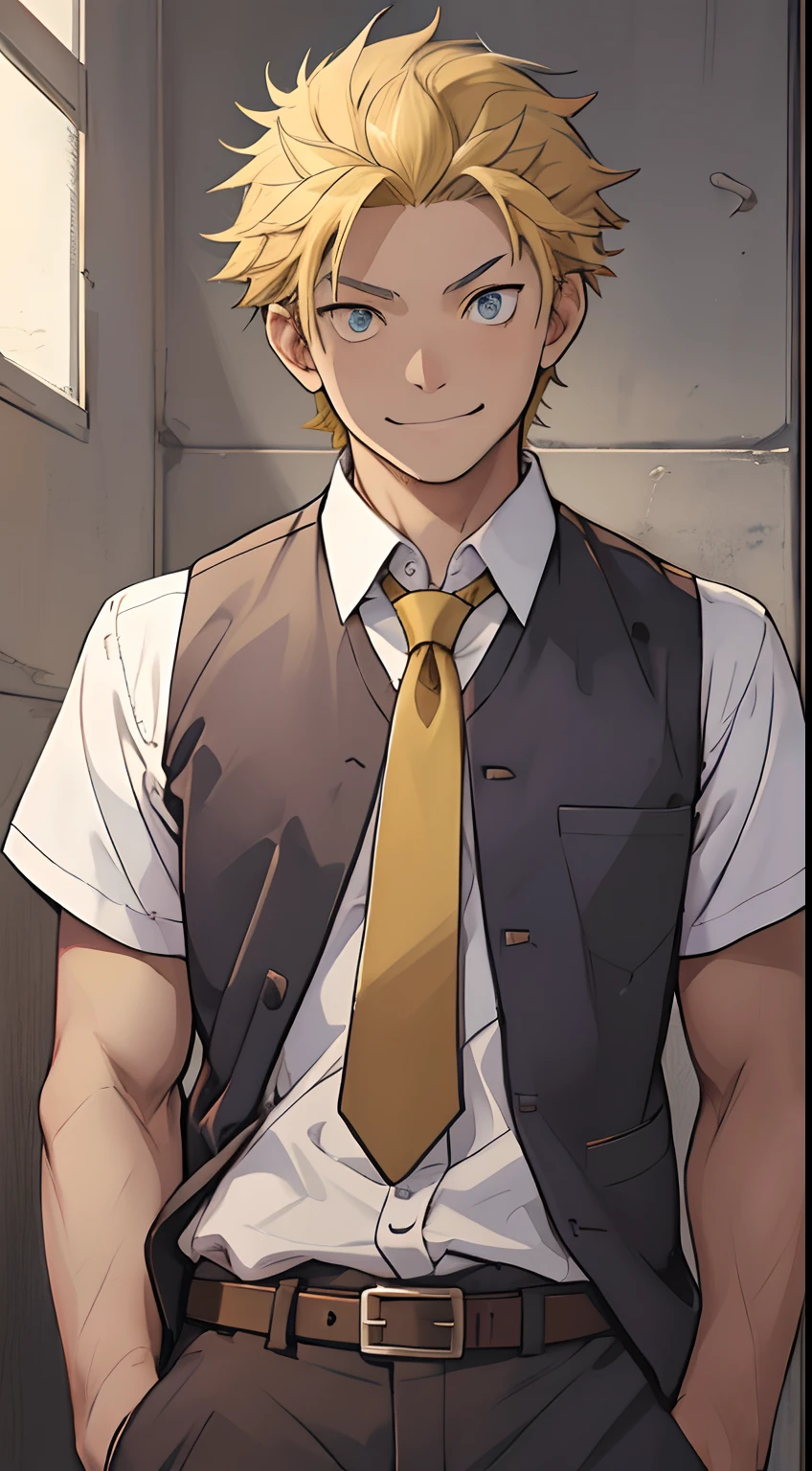 （1 Adult male），A high resolution， Sharp focus， Pixiv masterpiece， （（Complicated details））， highly  detailed， natsuki_subaru， 1 man， ssmile，full bodyesbian，Reached， blue color eyes（eyes glowing）， Short yellow hair，white  shirt，Wear a tie，Wear a belt，perspire，look from down