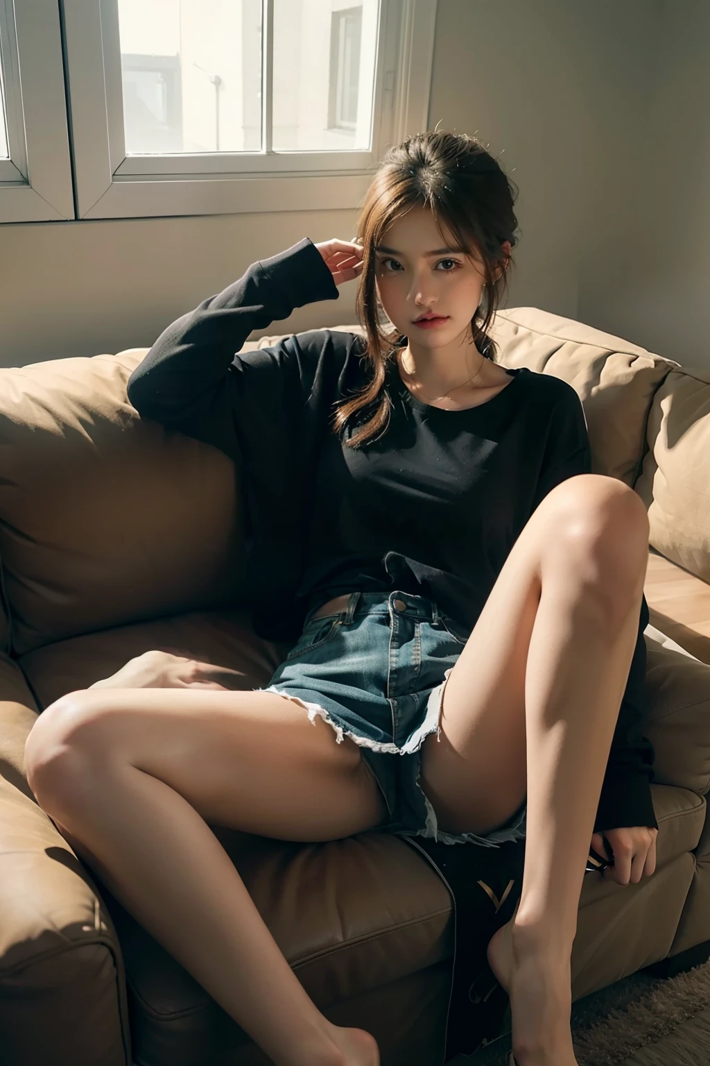 1girll,Sit on a comfortable sofa,Cross ed leg,Soft light