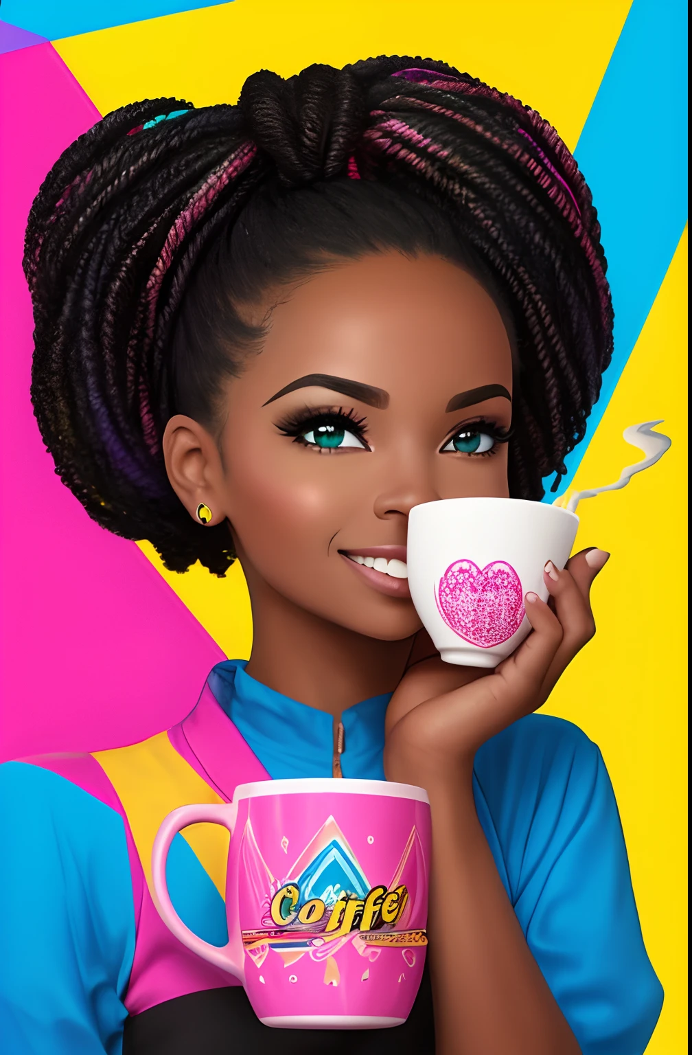 (A BEAUTIFUL ORIGINAL HAPPY BLACK WOMAN WITH A NICE CUP OF COFFEE COMING OUT SMOKE IN HER HAND, Beautiful cup ,Coloridas ,pink and blue and yellow WRITTEN WE COOFFE IN THE CUP ), Eduardo Kobra ,Romero Brito,The Filling Twins ,multidimensional geometric wall PORTRAIT, arte, Chibi,
Yang08k, lindo, Colouring,
Primary works, qualidade superior, melhor qualidade, Arte Oficial, Beautiful and Aesthetic, 128 mil