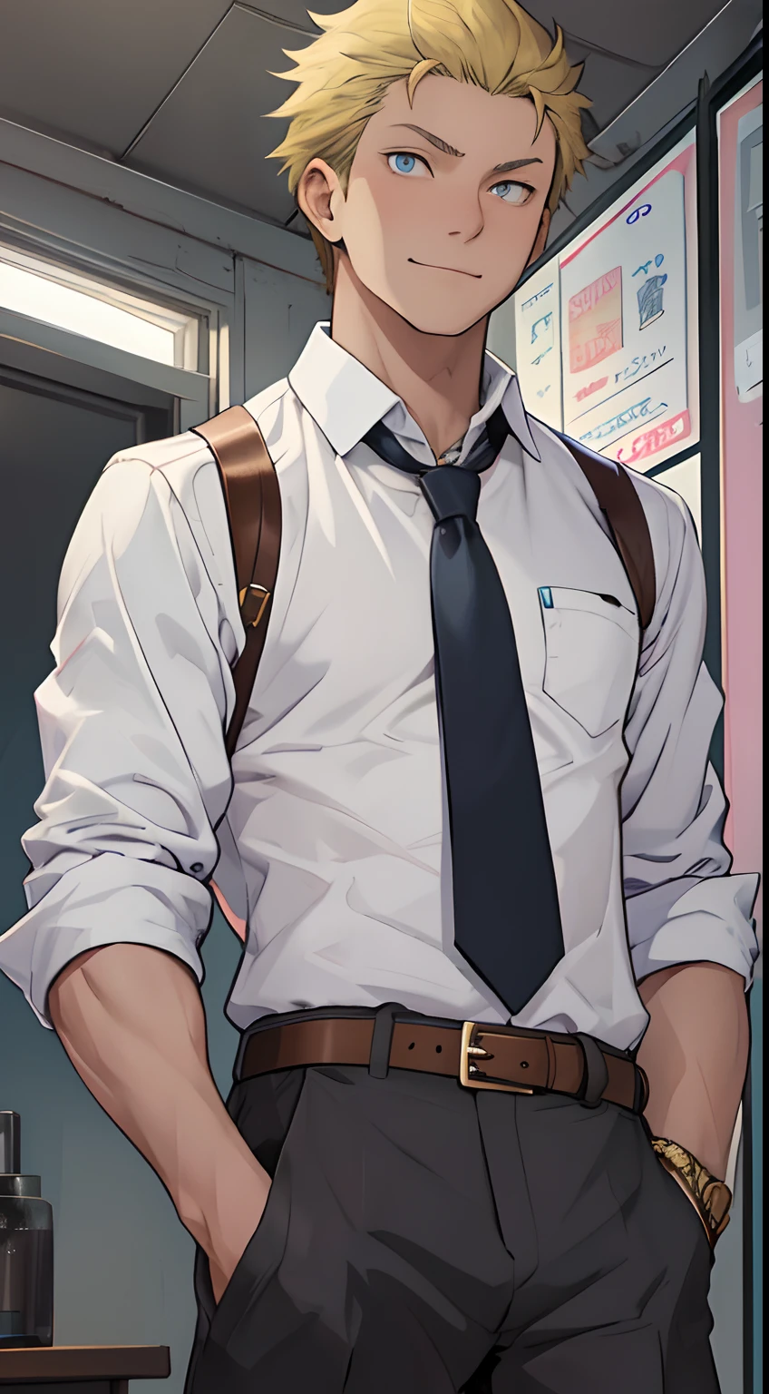 (1 Adult male),A high resolution, Sharp focus, Pixiv masterpiece, ((Complicated details)), highly detailed, natsuki_subaru, 1 man, ssmile,full bodyesbian,Reached, blue color eyes(eyes glowing), Short yellow hair,white shirt,Wear a tie,Wear a belt,perspire,look from down