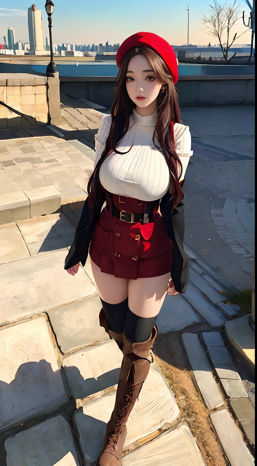 (full body:1.3), (extremely detailed CG unity 8k wallpaper),(masterpiece), (best quality), (ultra-detailed), (best illustration),(best shadow), (sharp eyeliner, eyeshadow, detailed eyes:1.1), moscow city background, walking, marching, military parade, BREAK 1 girl, red beret, septsnaz, (huge breasts), long boots, single knee pad