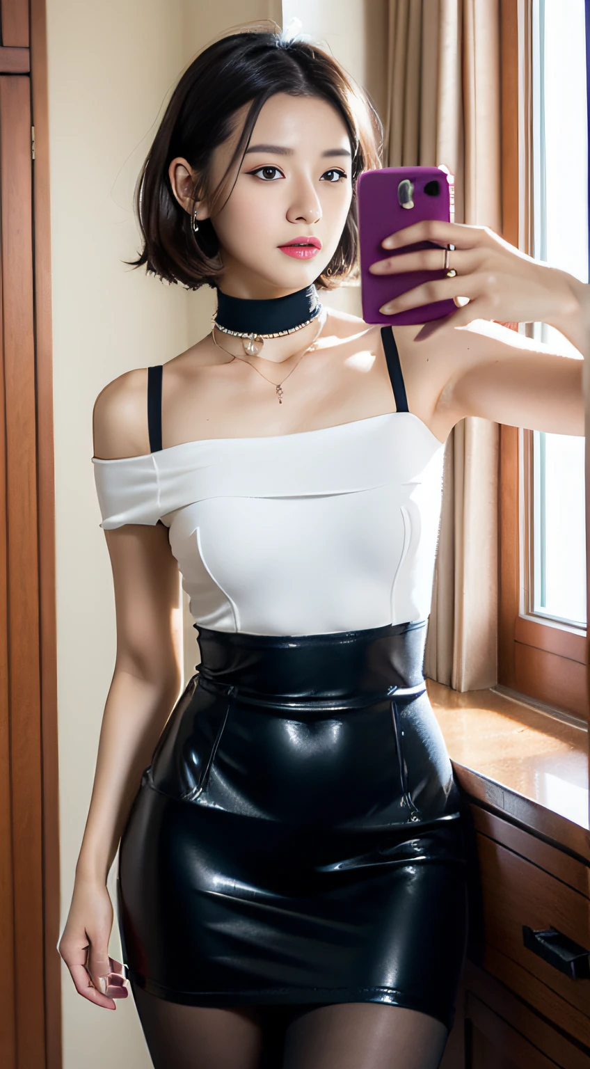 (8K分辨率,Mirror selfie photos,photorealestic),(1 female,20yr old,(Sakai Izumi's facial features:1.4,Face with thin bones,s delicate face),com rosto detalhado,(Delicate light makeup),Beautiful face,com rosto detalhado,详细的脸,Ultra-fine makeup,Black colored eyes,(Look into the camera),short detailed hair,(Messy has layers),Redlip,Fair smooth skin,(Best Skin Type:1.21),(Off-the-shoulder T-shirt,Short skirts for students,(materpiece:terylene,Lycra cotton,elasticity),((Gorgeous phone case,rhinestones,The shape is prominent)),Hats,choker necklace,high-heels),Tall and tall,perfect hand,Perfect for selfies,Ultra-fine clothing material),(浴室,Exquisite bedroom details,(Floor-to-ceiling mirrors,vanity table)),(narcissistic,rejoice),(Light assist,profesional lighting),(Cute and lively,(vibrant with colors,(purpleish color,blue colors,in pink))),(Golden section,Cinema lenses,Hasselblad photograp,tmasterpiece:1.3),(adolable,Raised sexy,Take a selfie at home,Artis,Live streaming platform)