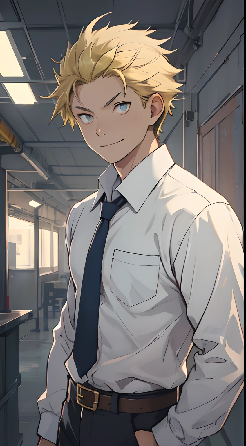 (1 Adult male),A high resolution, Sharp focus, Pixiv masterpiece, ((Complicated details)), highly detailed, natsuki_subaru, 1 man, ssmile,full bodyesbian,Reached, blue color eyes(eyes glowing), Short yellow hair,white shirt,Wear a tie,Wear a belt,perspire,look from down