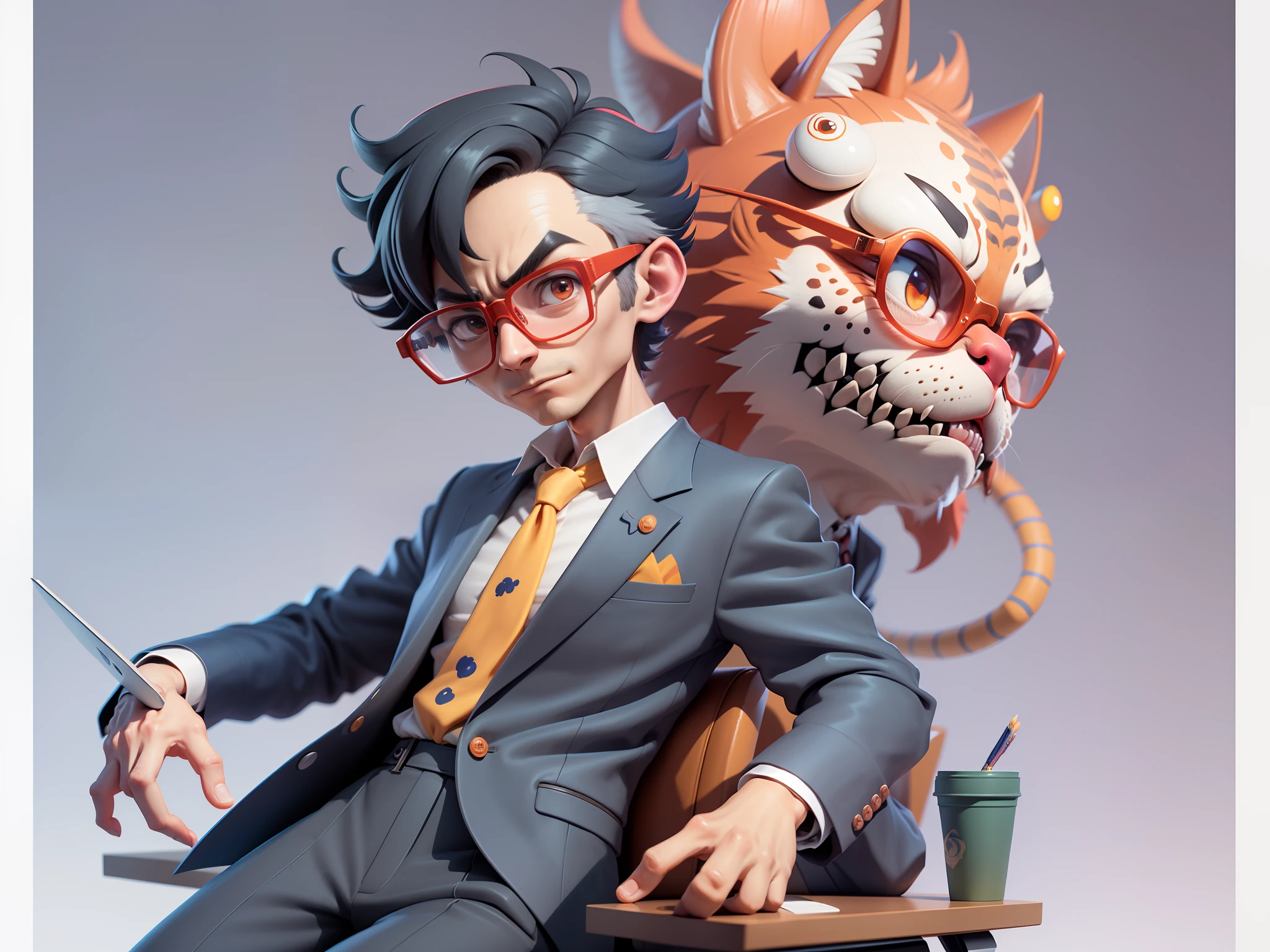 A young man in a suit, Short hair and glasses sat at his desk,holding laptop,digitial painting,tigre,3D character design by Mark Clairen and Pixar and Hayao Miyazaki and Akira Toriyama,4K HD illustration,Very detailed facial features and cartoon-style visuals。