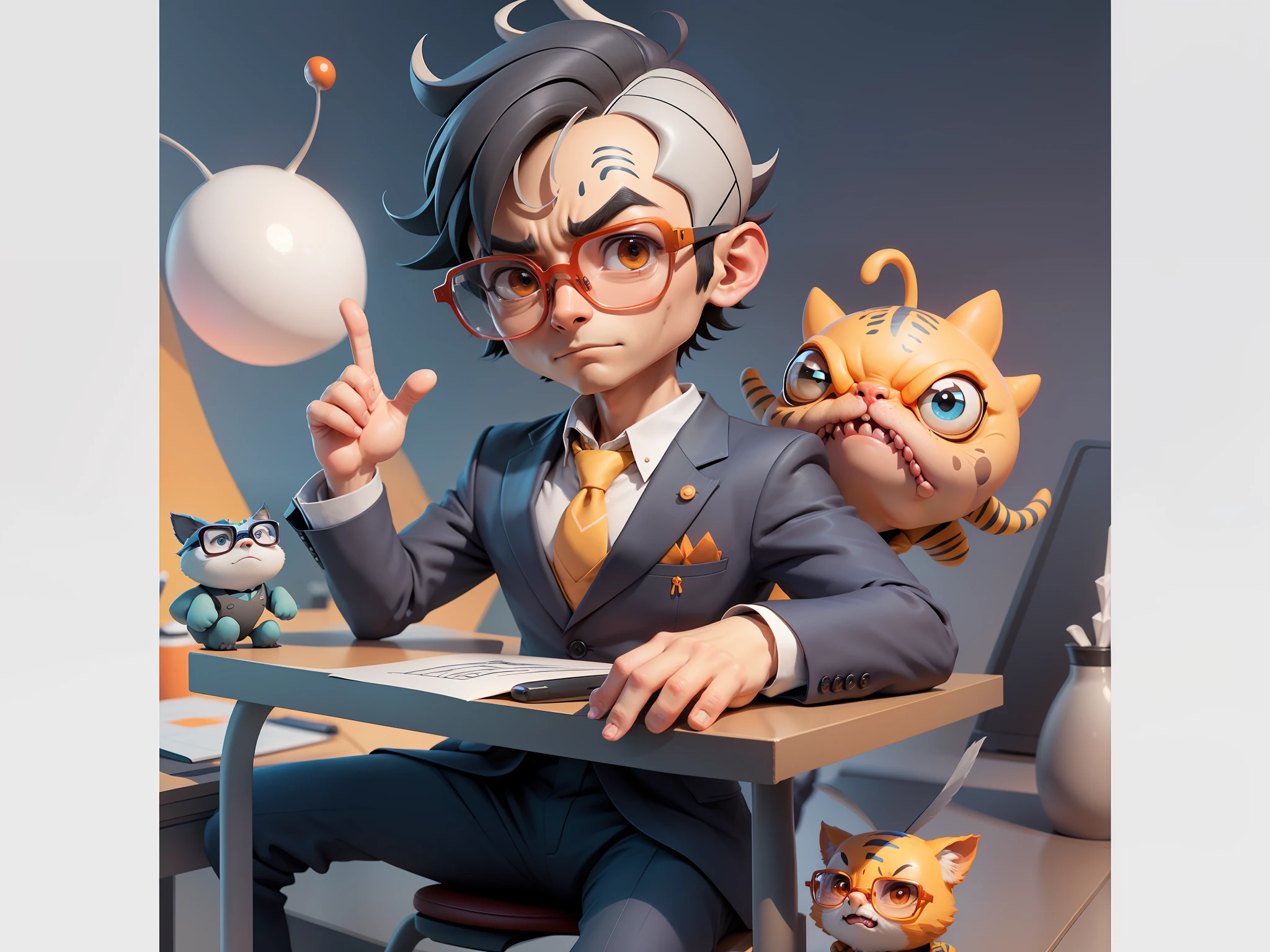 A young man in a suit, Short hair and glasses sat at his desk,holding laptop,digitial painting,tigre,3D character design by Mark Clairen and Pixar and Hayao Miyazaki and Akira Toriyama,4K HD illustration,Very detailed facial features and cartoon-style visuals。