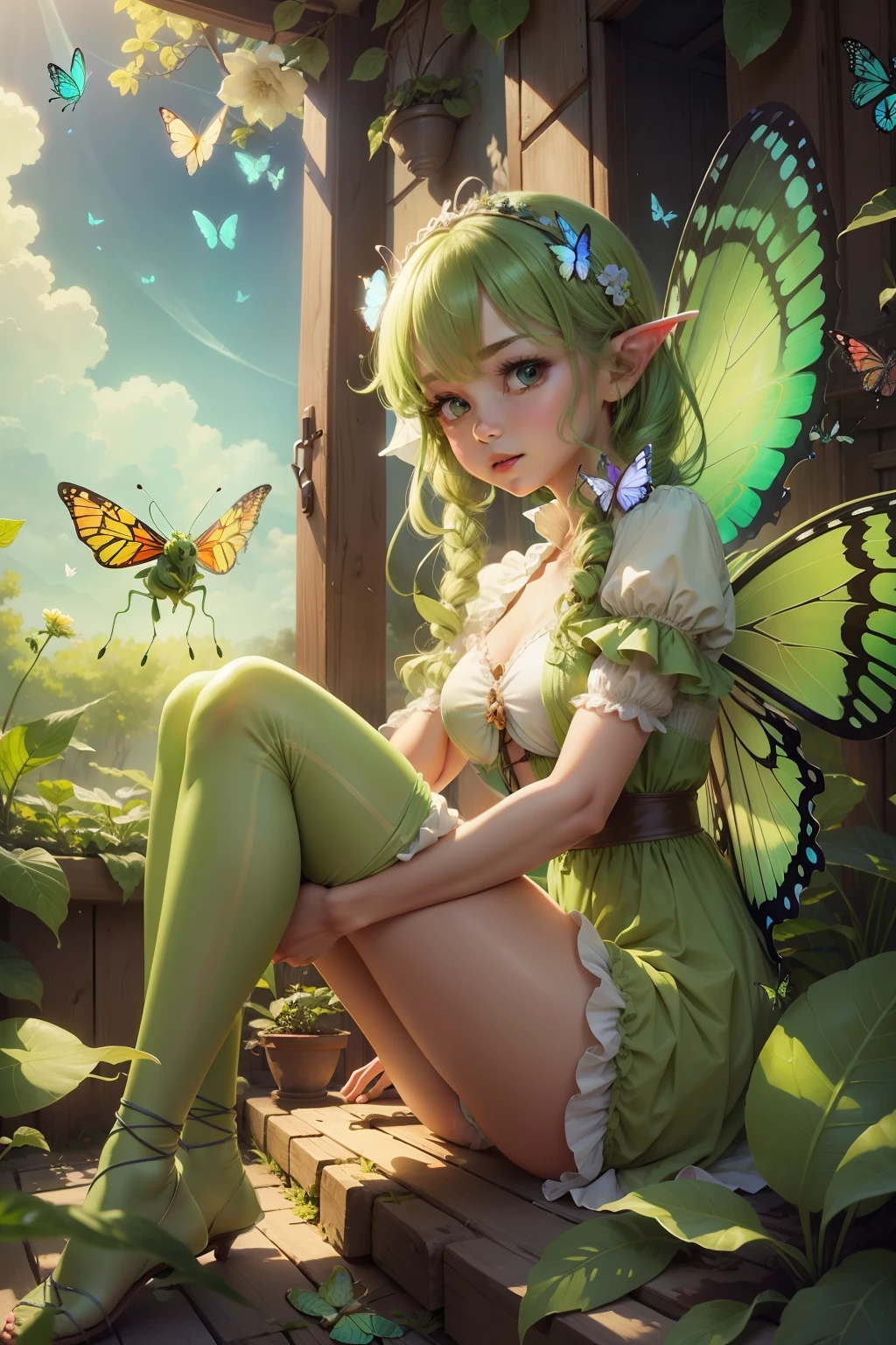 fairy that looks like a grasshopper holding a parasol green under clothes catching butterflies