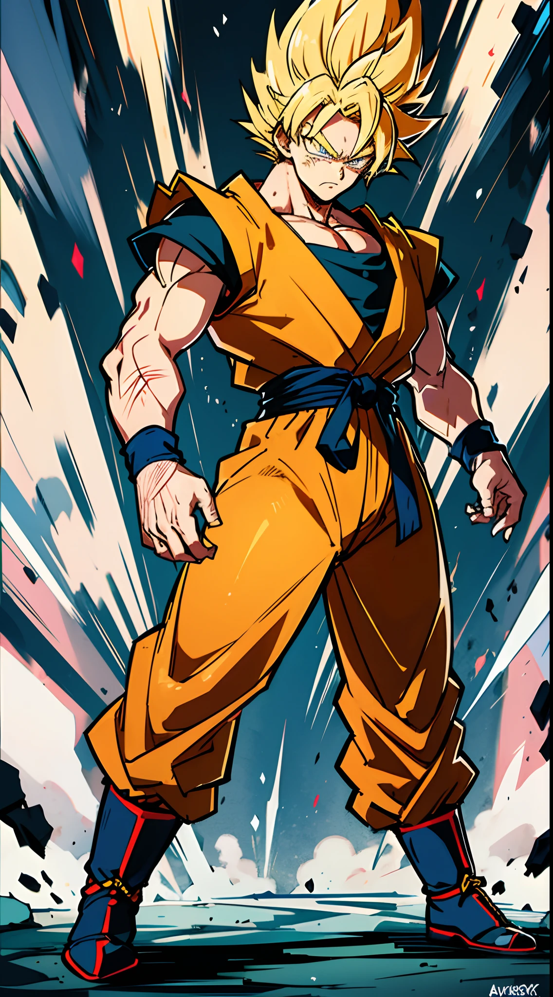 Masterwork, 1 man, son Goku, super Saiyan, blonde hair, Battle damage, aura dorada, intimidating and cold expression, intimidating posture