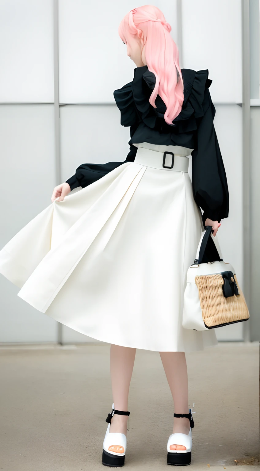 ((masterpiece, top quality, high definition)),a woman in a black top and white skirt holding a bag, layered skirts, pastel', dreamy style, by Shinoda Toko, black white pastel pink, 50s style, 5 0 s style, midi skirt, wide skirts, modern maximalist fashion dress, lolita style, katelynn mini cute style, pastel style, peach and goma style