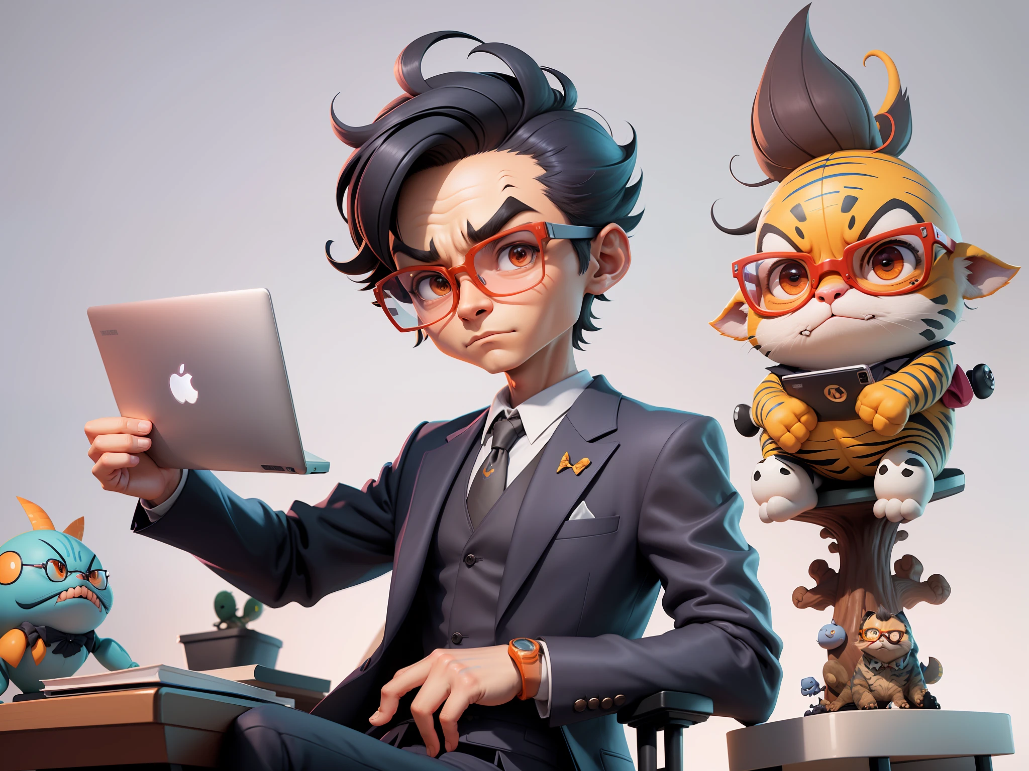 A young man in a suit, Short hair and glasses sat at his desk,holding laptop,digitial painting,tigre,3D character design by Mark Clairen and Pixar and Hayao Miyazaki and Akira Toriyama,4K HD illustration,Very detailed facial features and cartoon-style visuals。