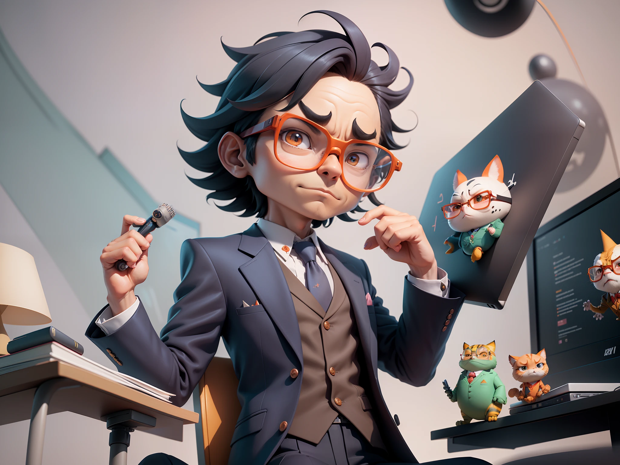 A young man in a suit, Short hair and glasses sat at his desk，holding laptop，digitial painting，tigre，3D character design by Mark Clairen and Pixar and Hayao Miyazaki and Akira Toriyama，4K HD illustration，Very detailed facial features and cartoon-style visuals。