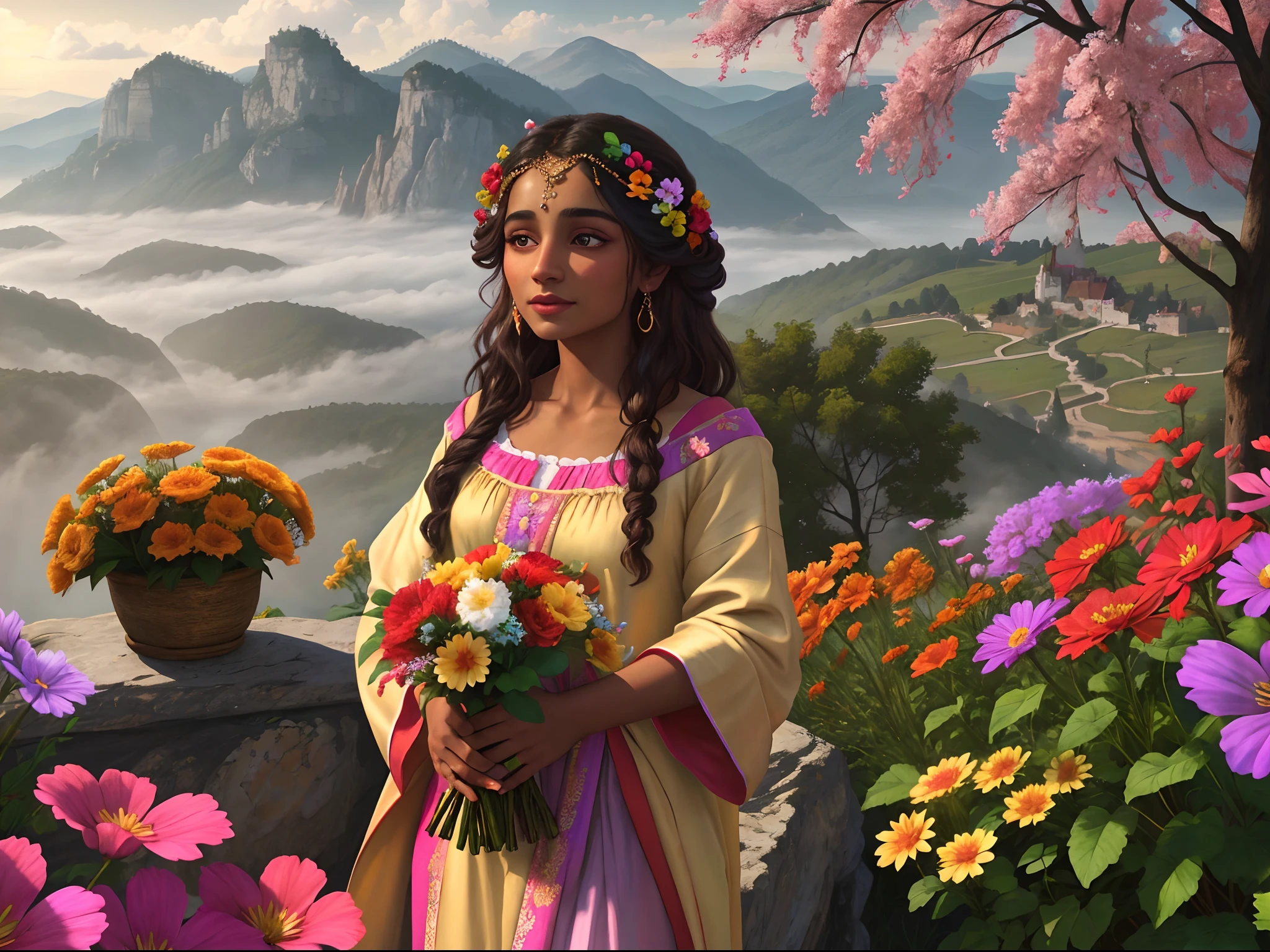A brown-skinned gypsy woman in traditional Hungarian robes holding a bouquet of colorful flowers against a backdrop of relaxing landscape during the day (flower bouquet) (montanhas ao fundo da imagem:1.1) Tracing of volumetric haze rays z pass bright light, (obra-prima) (melhor qualidade) (detalhado) (8k) (cinematic lighthing) (foco nítido) (intrincado)