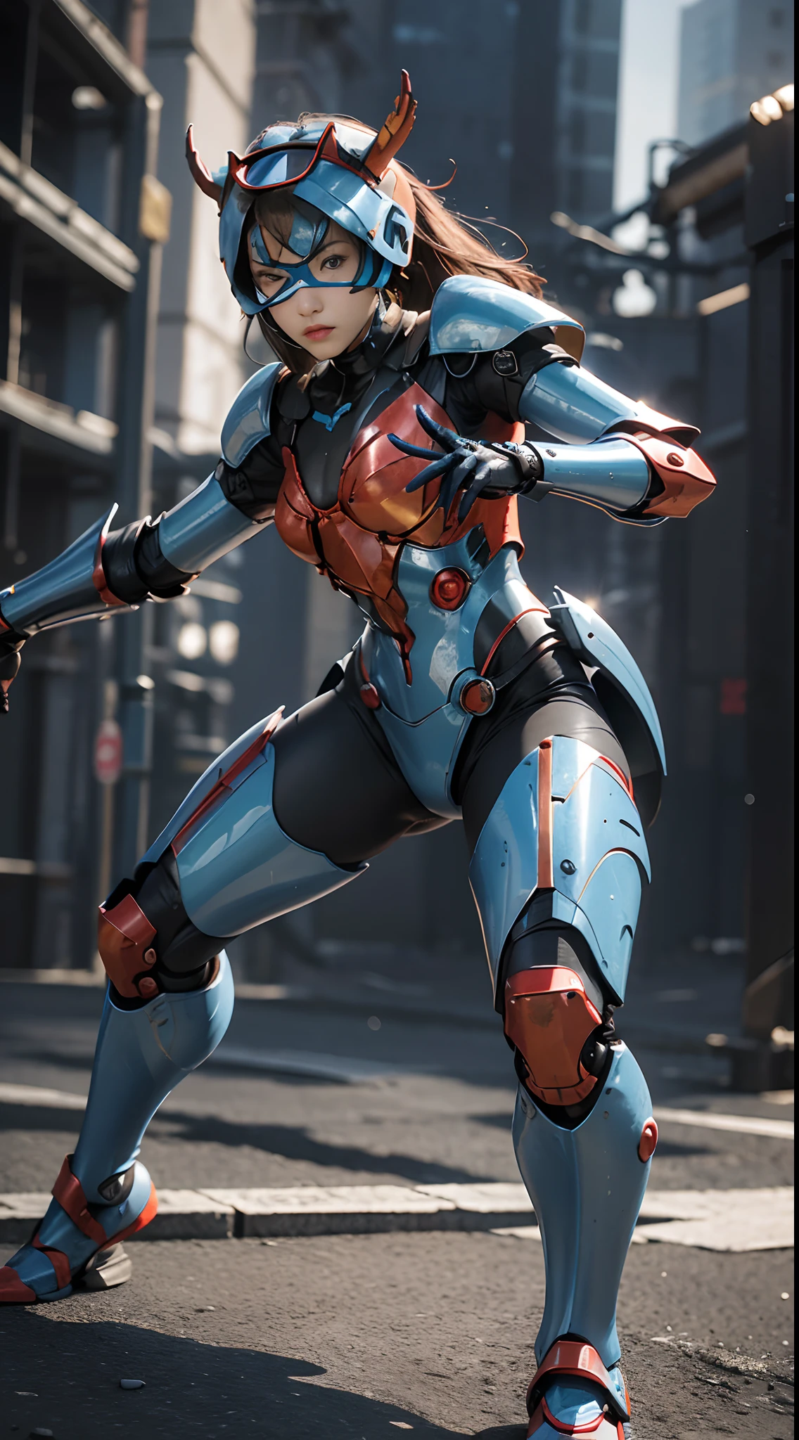 (tmasterpiece,),(best qualtiy),photorealestic,Realistis,ultra - detailed,s the perfect face,Perfect body,1 rapariga,beuaty girl,Girl in blue full body armor,robotic hand,Lobster mechanical armor,Lobster exoskeleton,Combat posture, fighter pose, fightingpose, actionpose, battle action pose, anime pose, dramatic action pose, in a fighting pose, confident action pose, Cool pose, posing for a fight, posing ready for a fight, The bad guys shoot the whole body,super wide shot