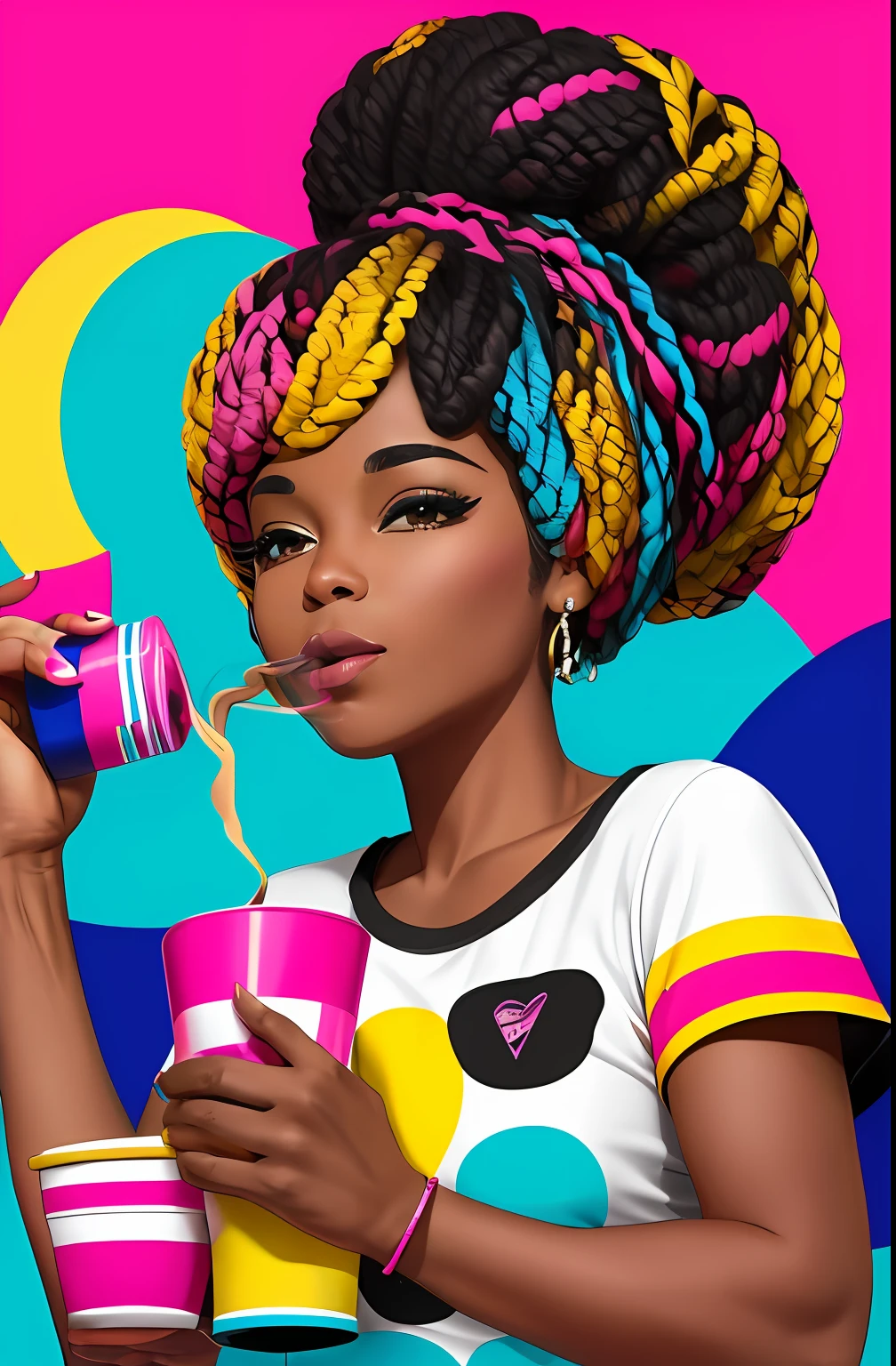(A BEAUTIFUL ORIGINAL HAPPY BLACK WOMAN WITH A NICE CUP OF COFFEE COMING OUT SMOKE IN HER HAND, Beautiful cup ,Coloridas ,pink and blue and yellow WRITTEN WE COOFFE IN THE CUP ), Eduardo Kobra ,Romero Brito,The Filling Twins ,multidimensional geometric wall PORTRAIT, arte, Chibi,
Yang08k, lindo, Colouring,
Primary works, qualidade superior, melhor qualidade, Arte Oficial, Beautiful and Aesthetic, 128 mil
