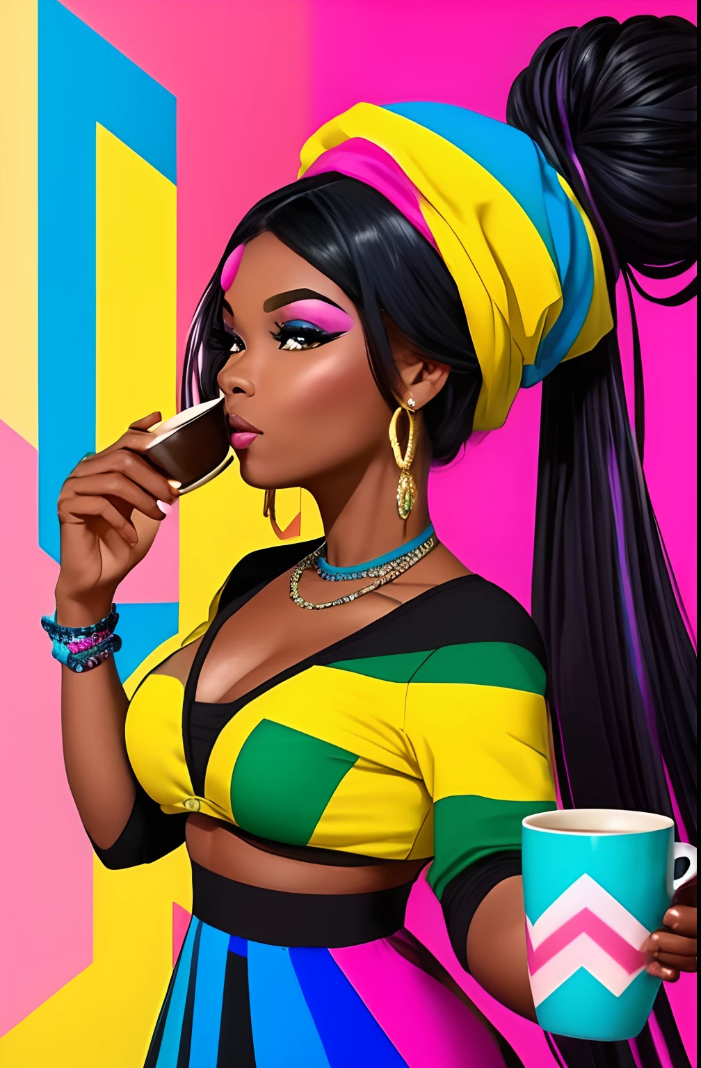 (A BEAUTIFUL ORIGINAL HAPPY BLACK WOMAN WITH A NICE CUP OF COFFEE COMING OUT SMOKE IN HER HAND, Beautiful cup ,Coloridas ,pink and blue and yellow WRITTEN WE COOFFE IN THE CUP ), Eduardo Kobra ,Romero Brito,The Filling Twins ,multidimensional geometric wall PORTRAIT, arte, Chibi,
Yang08k, lindo, Colouring,
Primary works, qualidade superior, melhor qualidade, Arte Oficial, Beautiful and Aesthetic, 128 mil