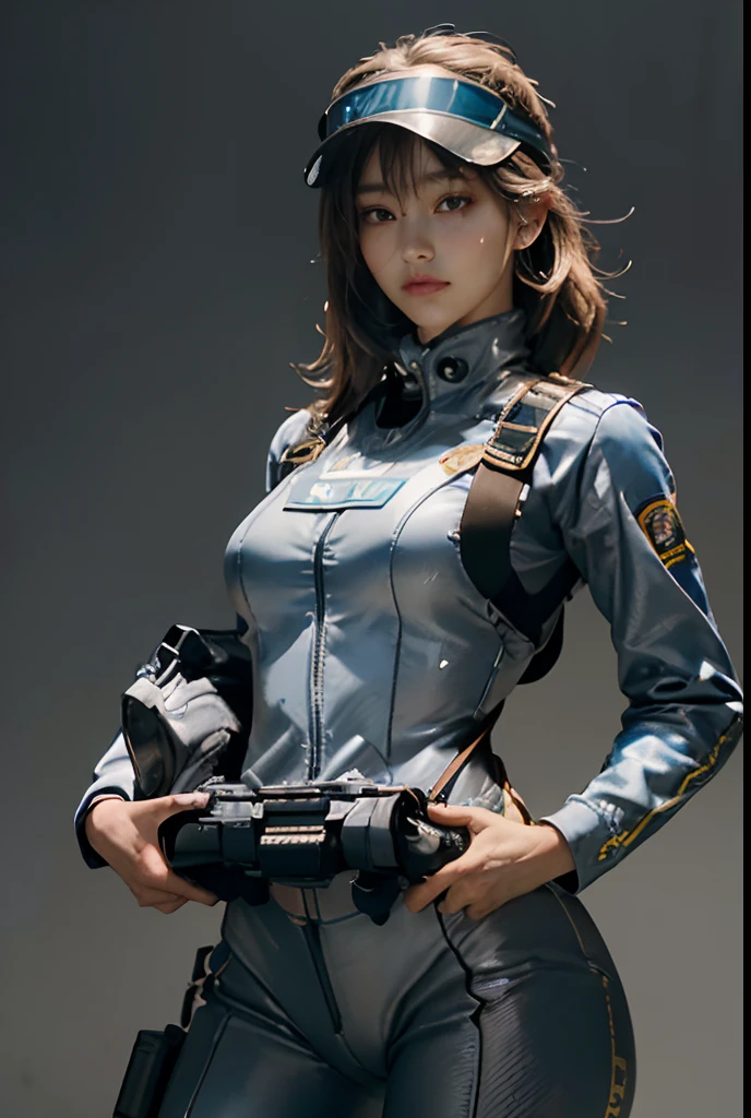 Highest image quality, outstanding details, ultra-high resolution, (realism: 1.4), the best illustration, favor details, highly condensed 1girl, with a delicate and beautiful face, ((cowboy shot)), (wearing racing suit likes police uniform, black and gray mecha, wearing a visor, military harness, holding a machinegun), peoples sonfusing, fires, smokes,
