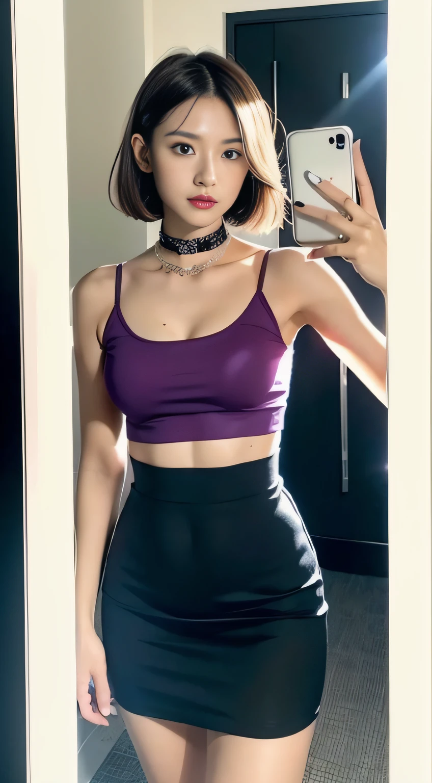 （8K分辨率，Mirror selfie photos，photorealestic），（1 female，20yr old，（Sakai Izumi's facial features：1.4，Face with thin bones，s delicate face），com rosto detalhado，（Delicate light makeup），Beautiful face，com rosto detalhado，详细的脸，Ultra-fine makeup，Black colored eyes，（Look into the camera），short detailed hair，（Messy has layers），Redlip，Fair smooth skin，（Best Skin Type：1.21），（Off-the-shoulder T-shirt，Short skirts for students，（materpiece：terylene，Lycra cotton，elasticity），（（Gorgeous phone case，rhinestones，The shape is prominent）），Hats，choker necklace，high-heels），Tall and tall，perfect hand，Perfect for selfies，Ultra-fine clothing material），（浴室，Exquisite bedroom details，（Floor-to-ceiling mirrors，vanity table）），（narcissistic，rejoice），（Light assist，profesional lighting），（Cute and lively，（vibrant with colors，（purpleish color，blue colors，in pink））），（Golden section，Cinema lenses，Hasselblad photograp，tmasterpiece：1.3），（adolable，Raised sexy，Take a selfie at home，Artis，Live streaming platform）