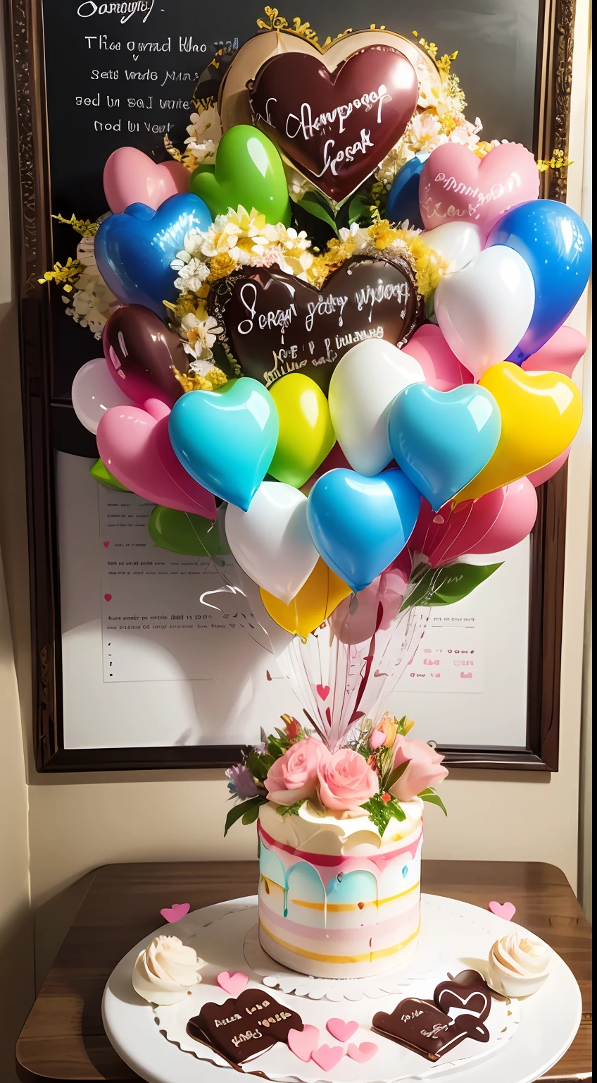Flowers, cake, balloons, pink leaves, card for teacher, sweets, decoration, rainbow, love, heart, blue, chocolate, vase, cute