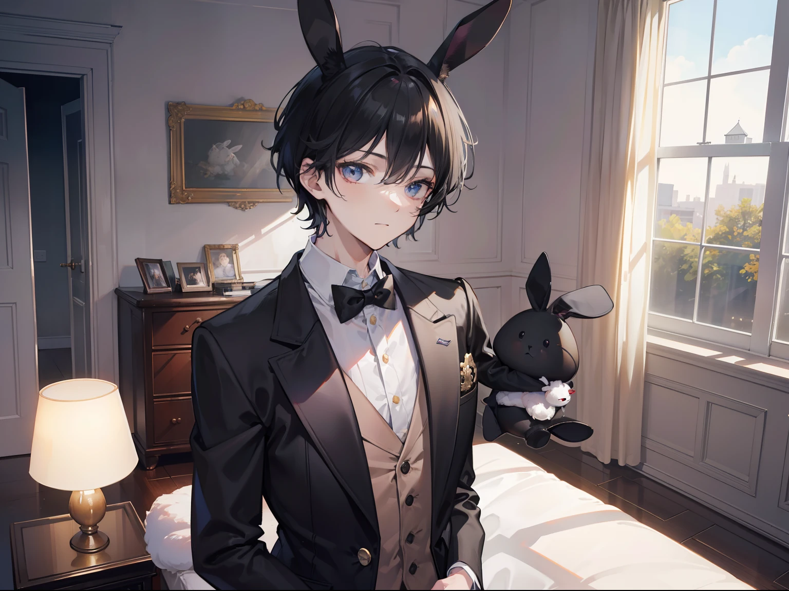 Master, masterpiece, 8K wallpaper, CG, super high picture quality, light and shadow effects
((a young man with short black hair and a rabbit suit)) standing behind the bedroom door: 1.5
Upper body display
The man pokes his head from behind the bedroom door and looks into the camera: 1.6
Face close-up: Happy ear to ear :1.6
Deluxe Villa bedroom configuration, queen bed, lamp, desk