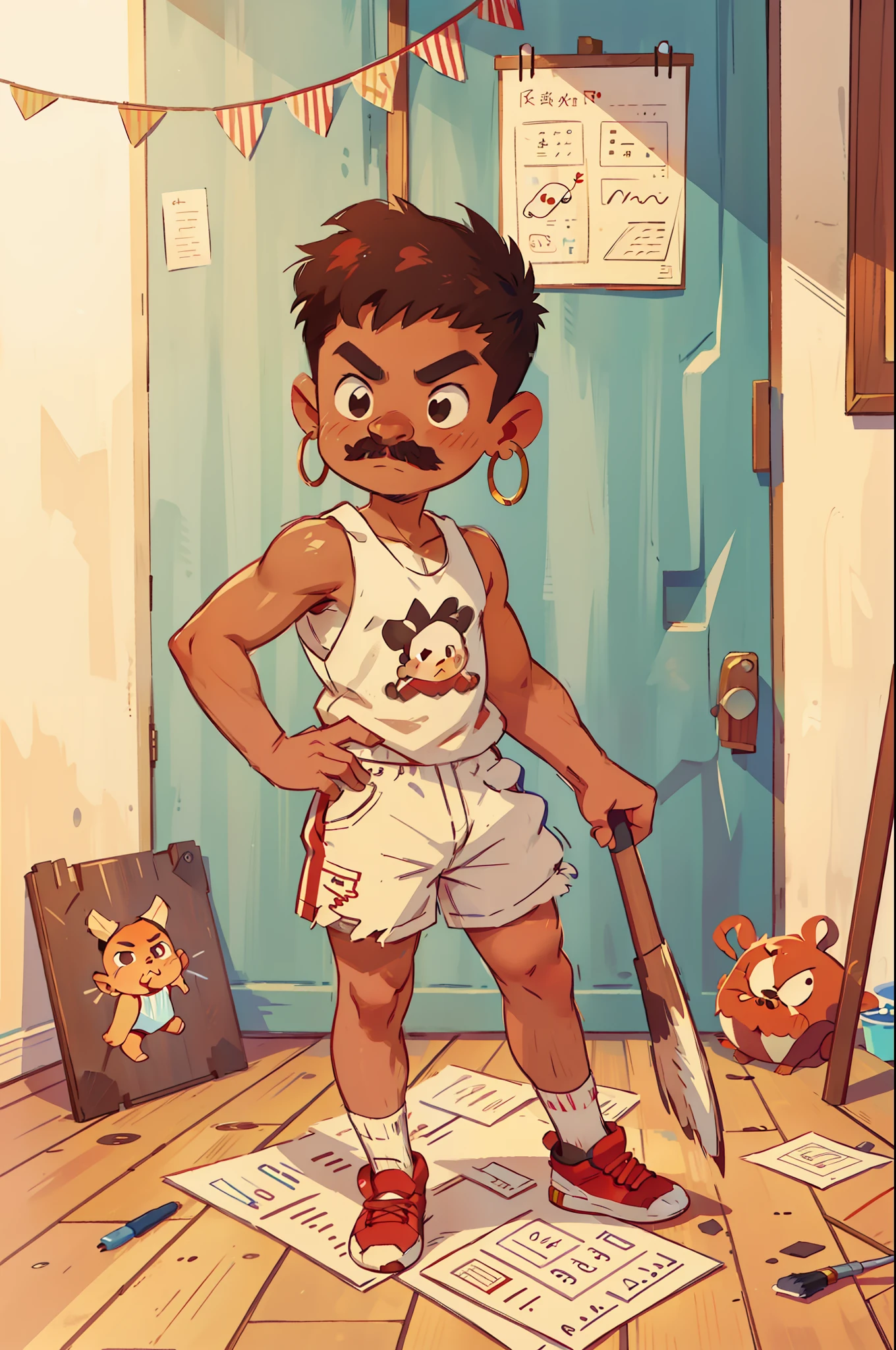 A brown-skinned Latino boy, short, shaved hair on the sides, small hoop earrings, wearing a mustache, white tank top and jean shorts, white socks with red stripes and black sneakers. Holding colored pencil and brush, several sheets of paper drawn on the floor. A cute little red monster with horns in the background