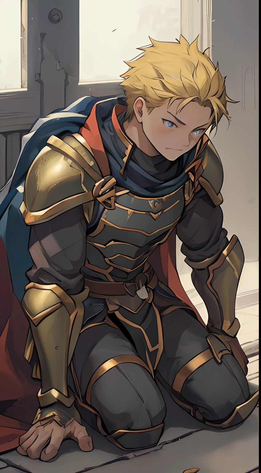 (1 Adult male),A high resolution, Sharp focus, Pixiv masterpiece, ((Complicated details)), highly detailed, natsuki_subaru, 1 man,Defeat, crestfallen,full bodyesbian,kneels on the ground, (A gesture of pleading),blue color eyes(eyes glowing), Short yellow hair,cloaks,Armour,Shoulder armor,perspire,look from down