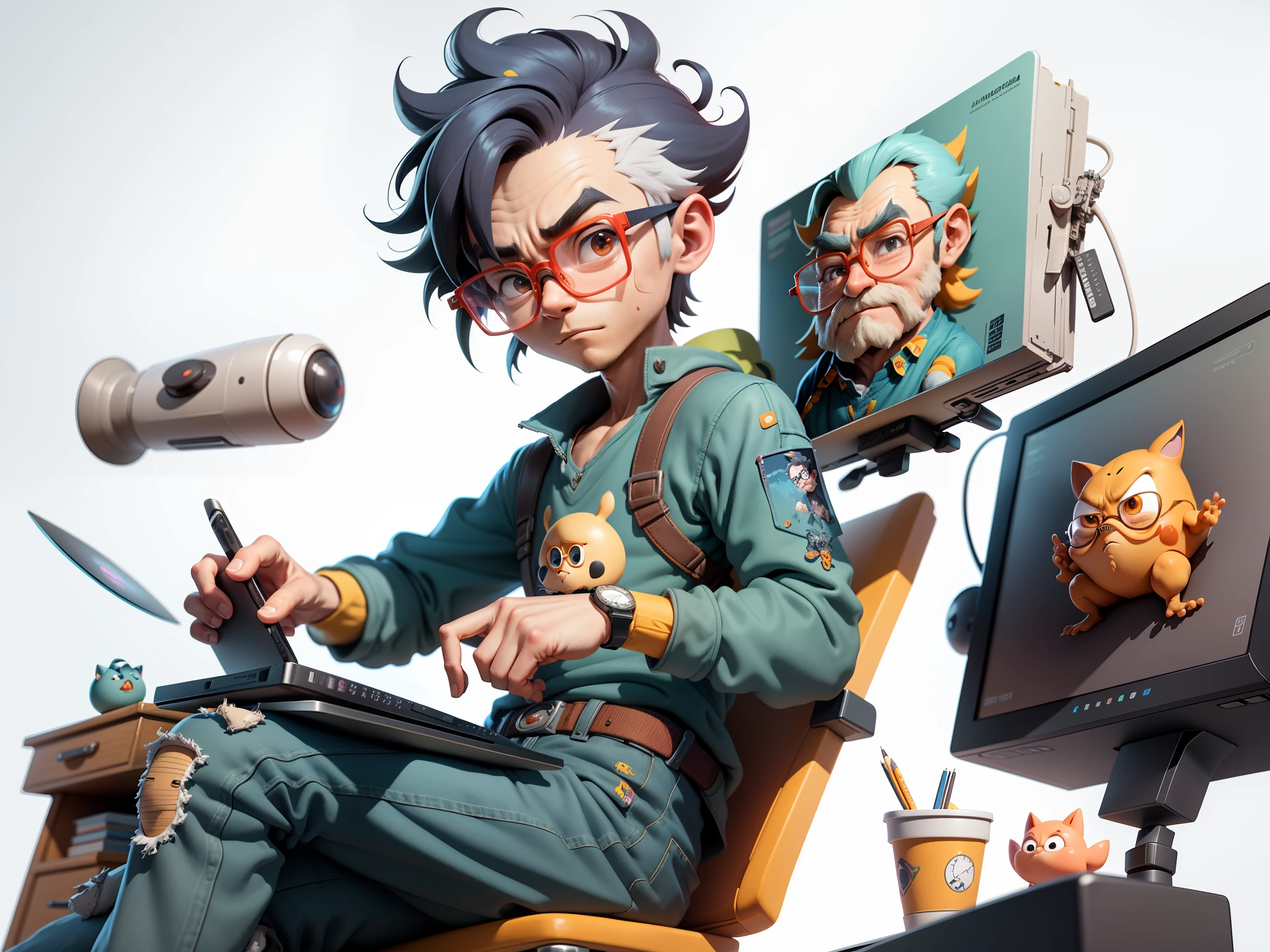 A young man with glasses sits at his desk，holding laptop，digitial painting，3D character design by Mark Clairen and Pixar and Hayao Miyazaki and Akira Toriyama，4K HD illustration，Very detailed facial features and cartoon-style visuals。