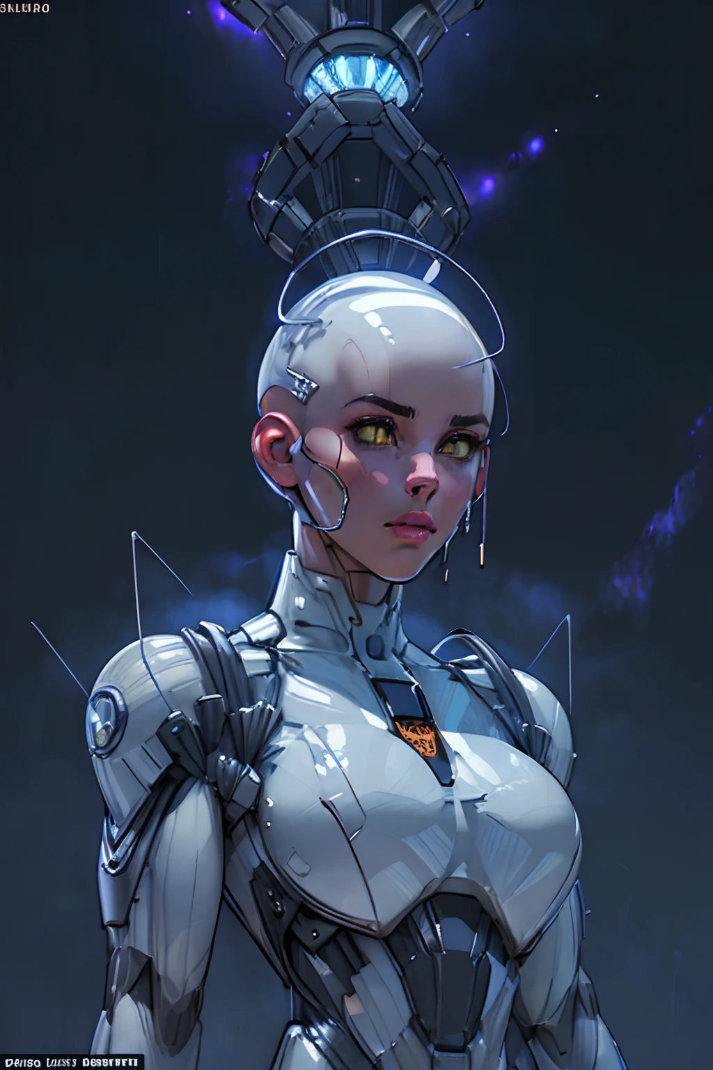 RAW, 1girl, colorful, ((white matte armor, blue lights )), (masterpiece, best quality), ((bald head:1.4)) ((wires and cables on head:1.3)) (detailed skin:1.3, detailed face:1.3), dslr, realistic,  glowing yellow eyes, (((seductive pose, detailed galaxy landscape))), delicate, soft colors, cinematic lighting