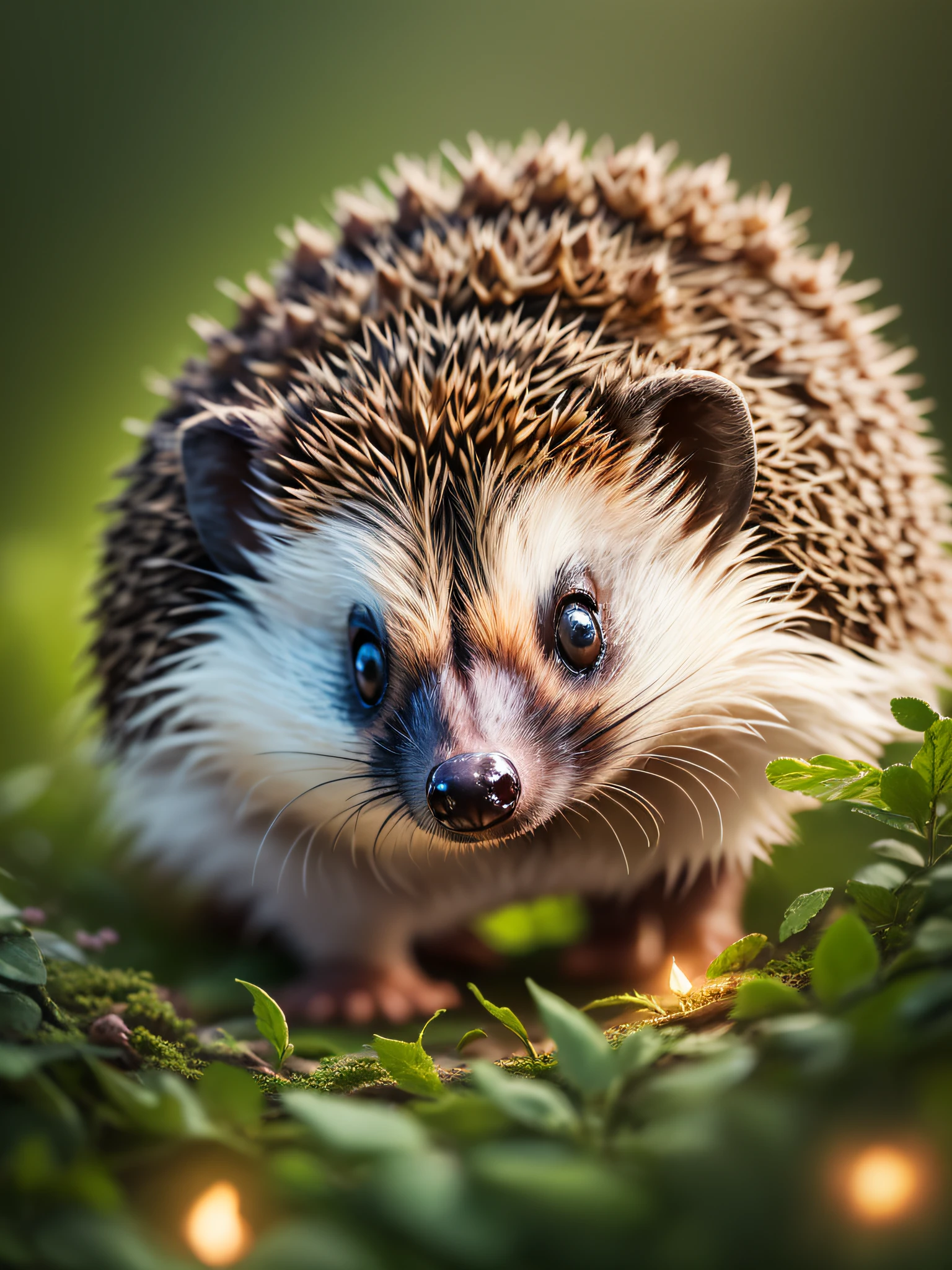 Close-up photo of hedgehog in enchanted forest, night, firefly, volumetric fog, halation, bloom, dramatic atmosphere, center, rule of thirds, 200mm 1.4F macro shot