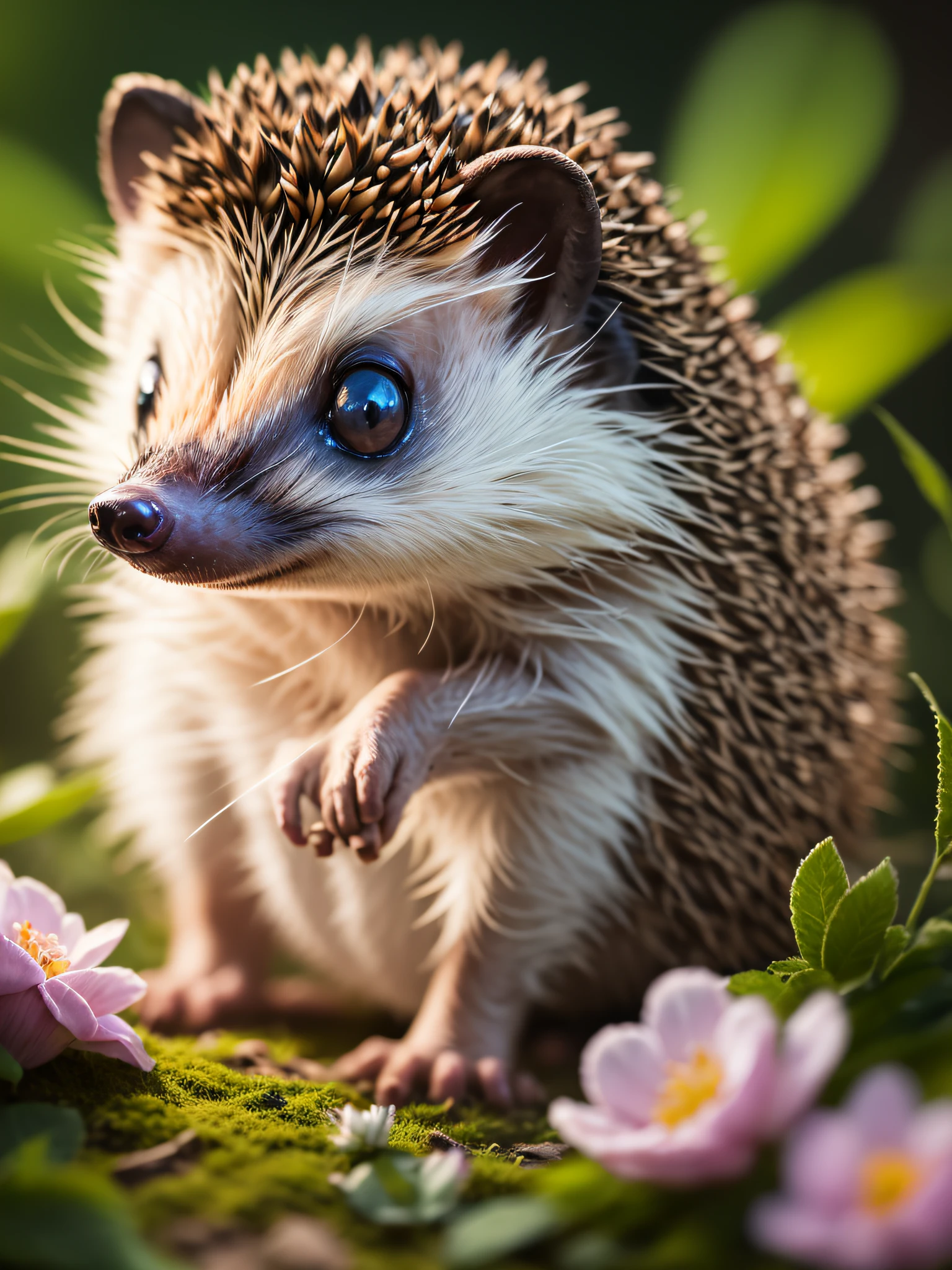 Close-up photo of hedgehog in enchanted forest, night, firefly, volumetric fog, halation, bloom, dramatic atmosphere, center, rule of thirds, 200mm 1.4F macro shot