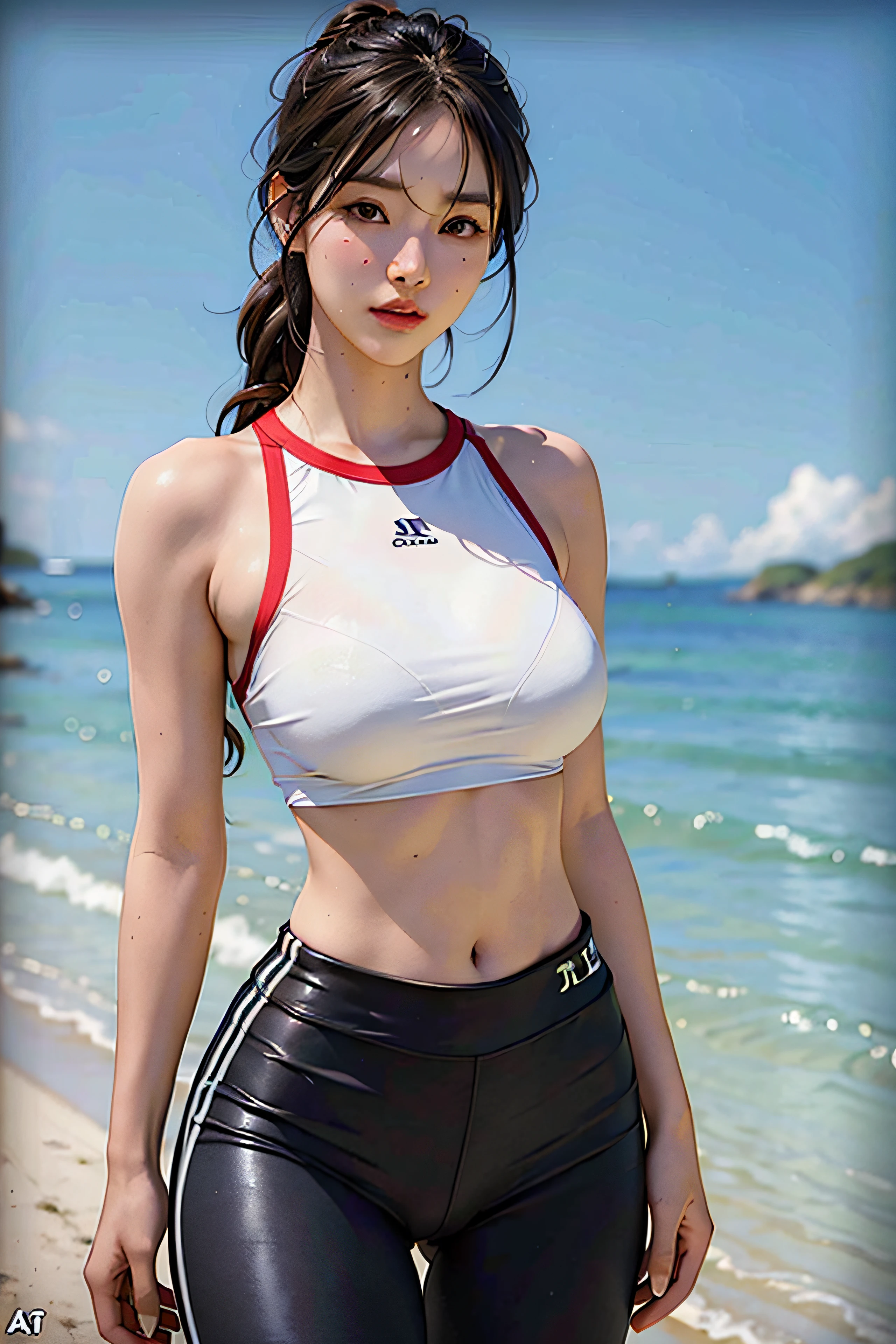 masterpiece:1.2, 8K wallpaper, HDR, UHR, hi-res, realistic, photorealistic, 1 woman, (korean:1.3),(American:1.1), running, (tight gym clothes and tight legging), detailed beautiful face, detailed beautiful eyes, detailed beautiful lips, perfect body, large breasts, wasp-waist, large hips, beautiful shinny humid skins, motion breasts, hot, beach, sunshine, emphasized her sexy appeal