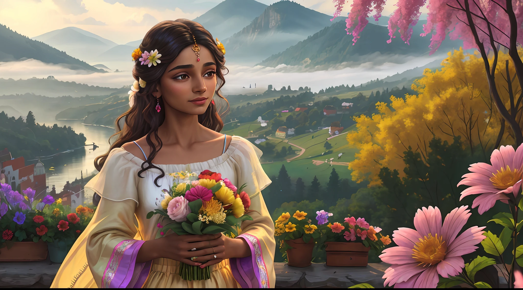 A brown-skinned gypsy woman in traditional Hungarian robes holding a bouquet of colorful flowers against a backdrop of relaxing landscape during the day (flower bouquet) (montanhas ao fundo da imagem:1.1) Tracing of volumetric haze rays z pass bright light, (obra-prima) (melhor qualidade) (detalhado) (8k) (cinematic lighthing) (foco nítido) (intrincado)