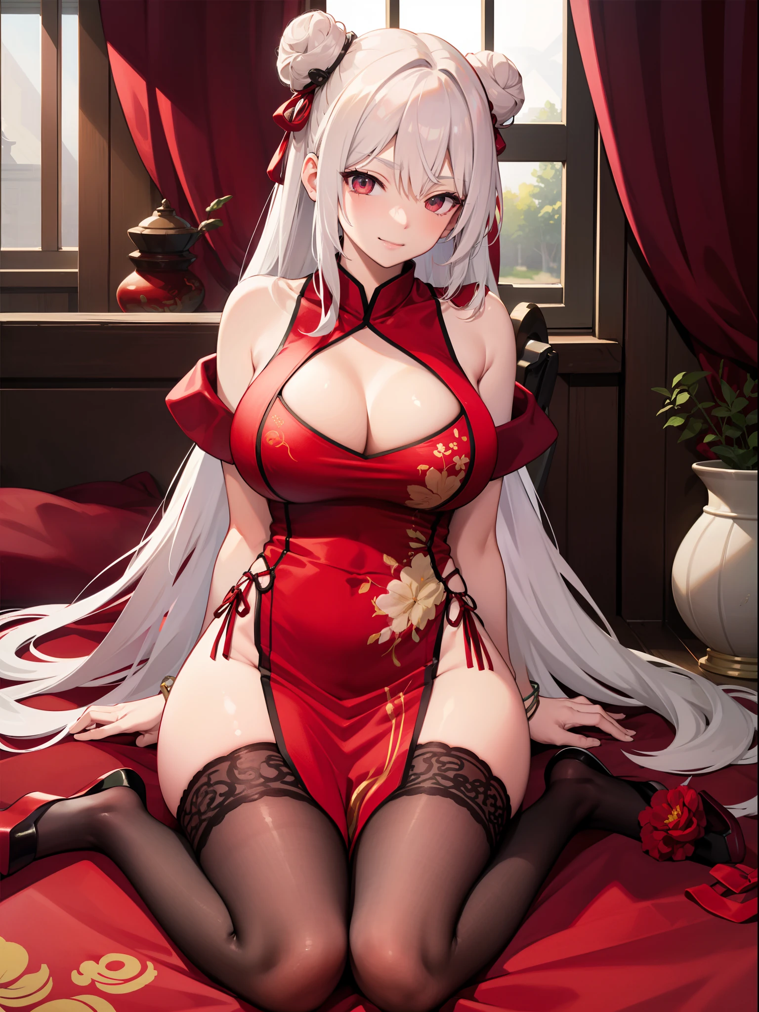 Gradient eyes, Seductive smile, Naughty face, torogao, White hair, curtained hair, Sony FE GM, first person perspective, Wide shot, hyper HD, Anatomically correct, Super detail, Textured skin, ccurate, High details, Best quality, 16k，Wearing a white tight cheongsam，Decorated with red embroidery，Sit in a room with classical Chinese music，Leaning against the windowsill，Overlooking the view