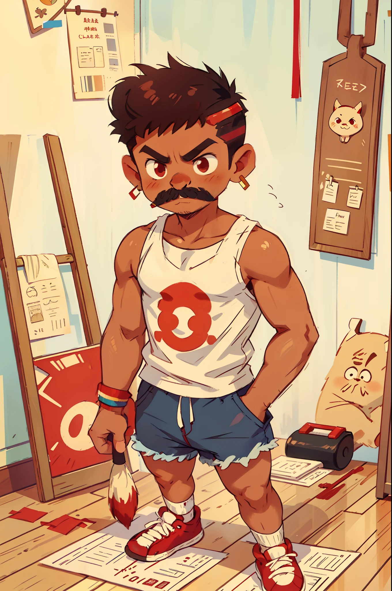 A brown-skinned Latino boy, short, shaved hair on the sides, small hoop earrings, wearing a mustache, white tank top and jean shorts, white socks with red stripes and black sneakers. Holding colored pencil and brush, several sheets of paper drawn on the floor. A cute little red monster with horns in the background